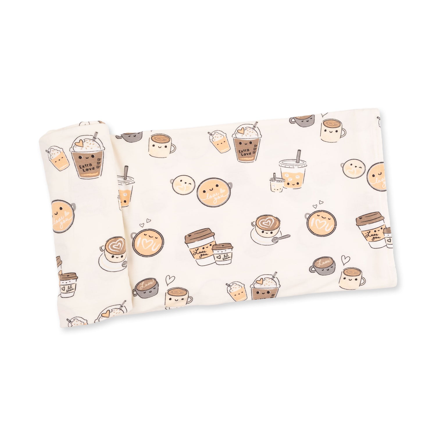 Swaddle blanket with a coffee-themed Love You A Latte print in warm neutral tones