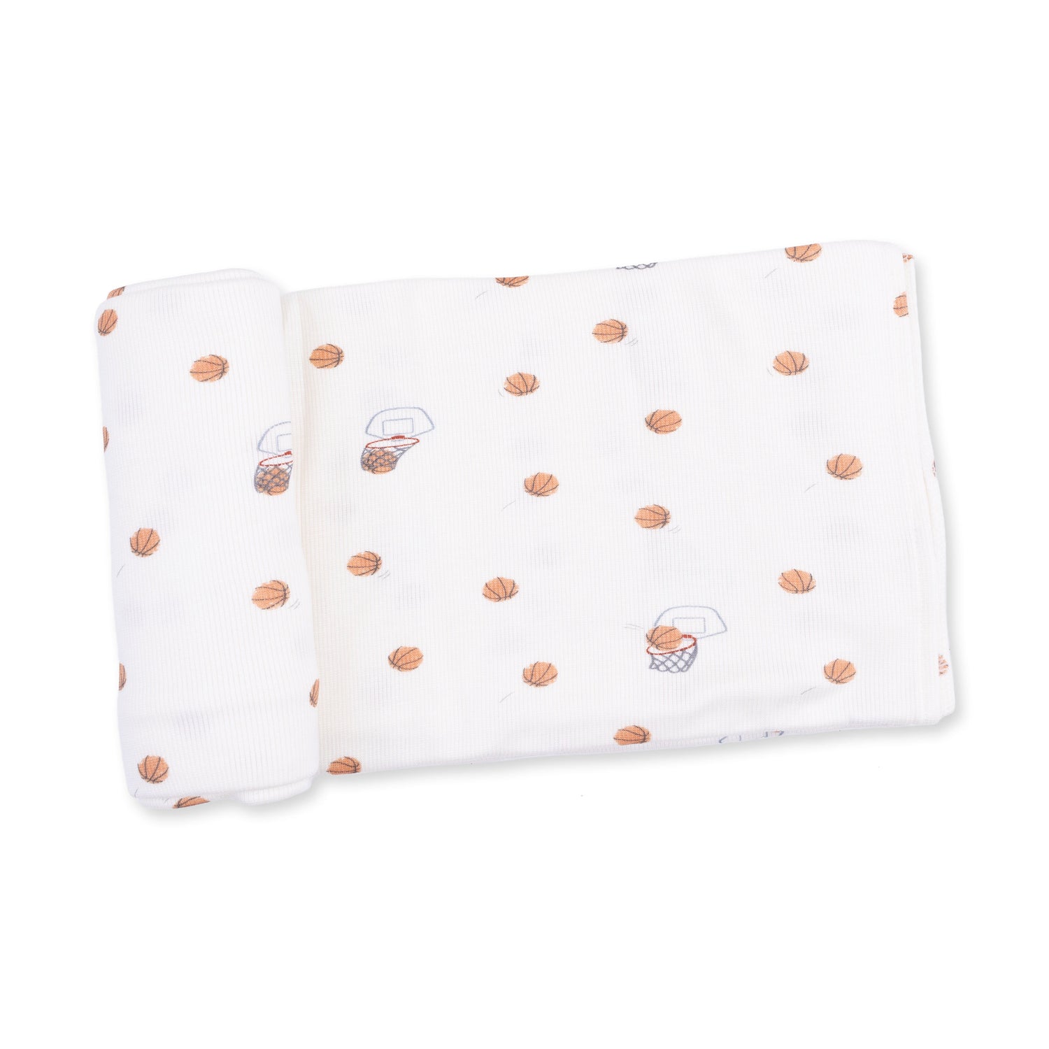 Swaddle blanket printed with a small tossed mini basketball pattern on a light background