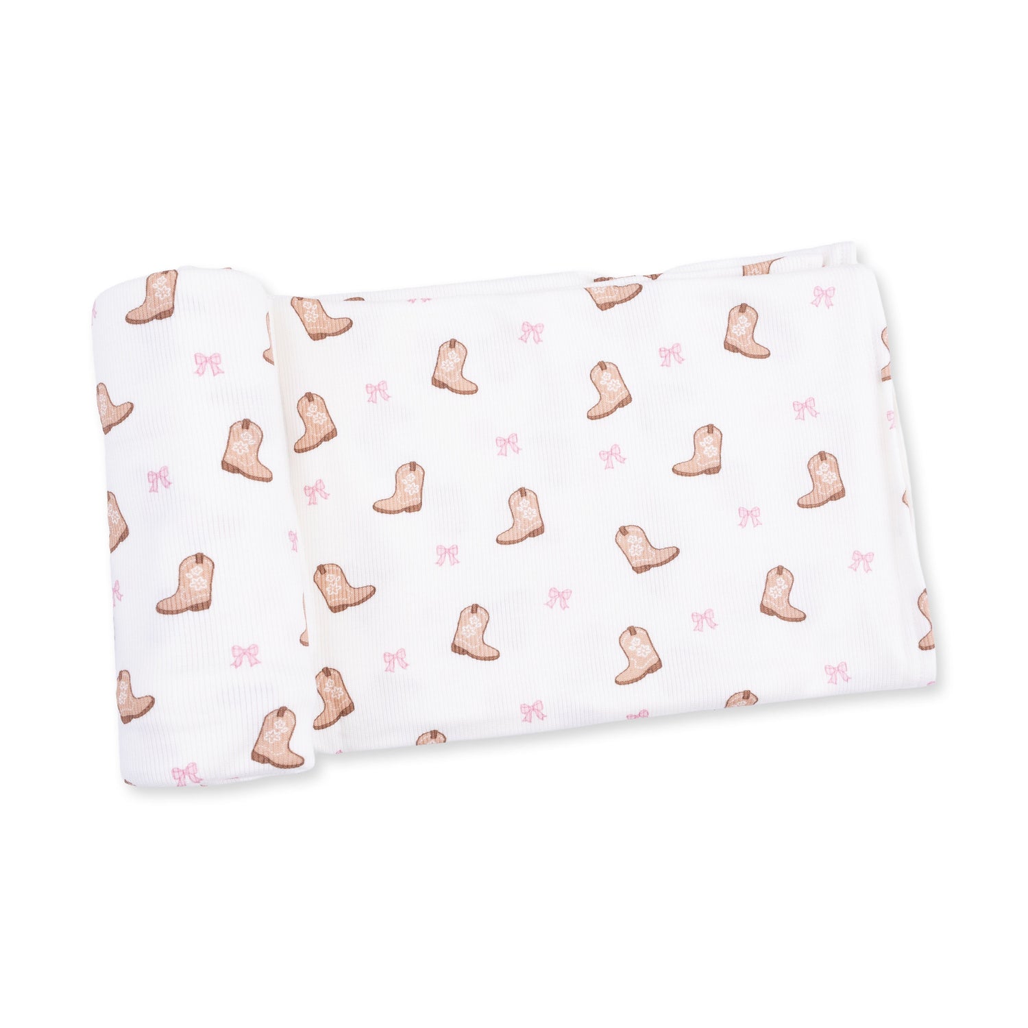 Swaddle blanket in ribbed modal fabric printed with a small cowgirl boots pattern