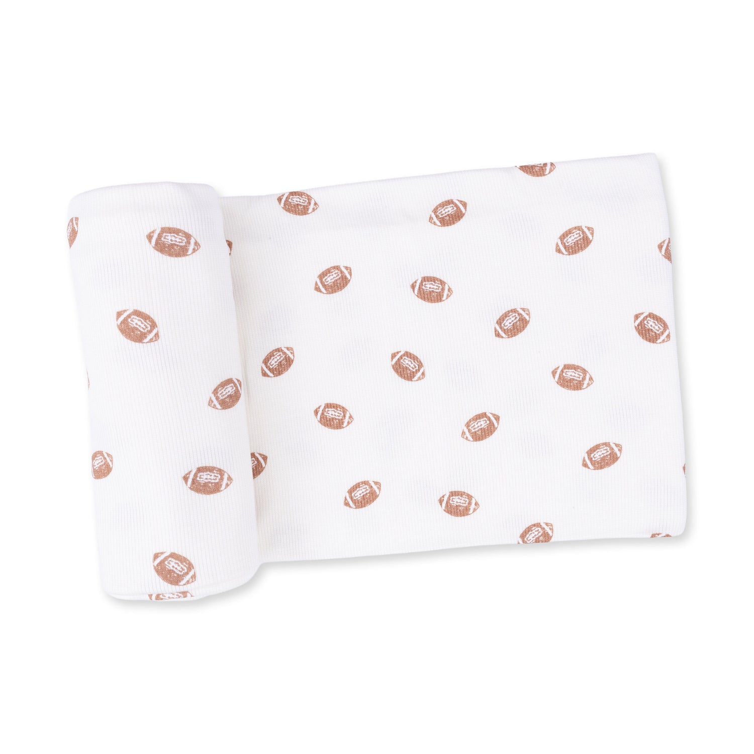 Ribbed modal swaddle blanket printed with small tossed footballs, spread flat