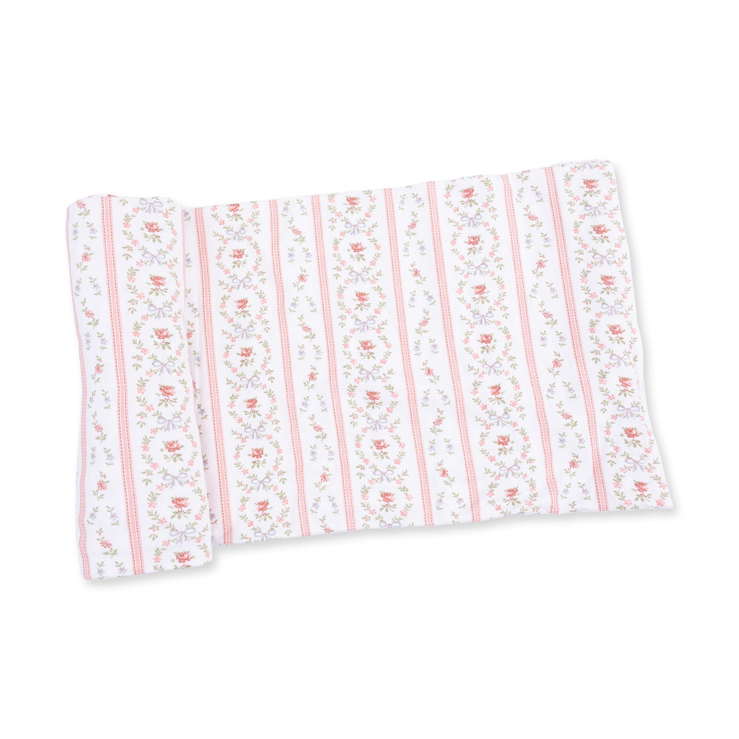 Swaddle blanket in a rosebud stripe pattern with soft rose and cream tones.