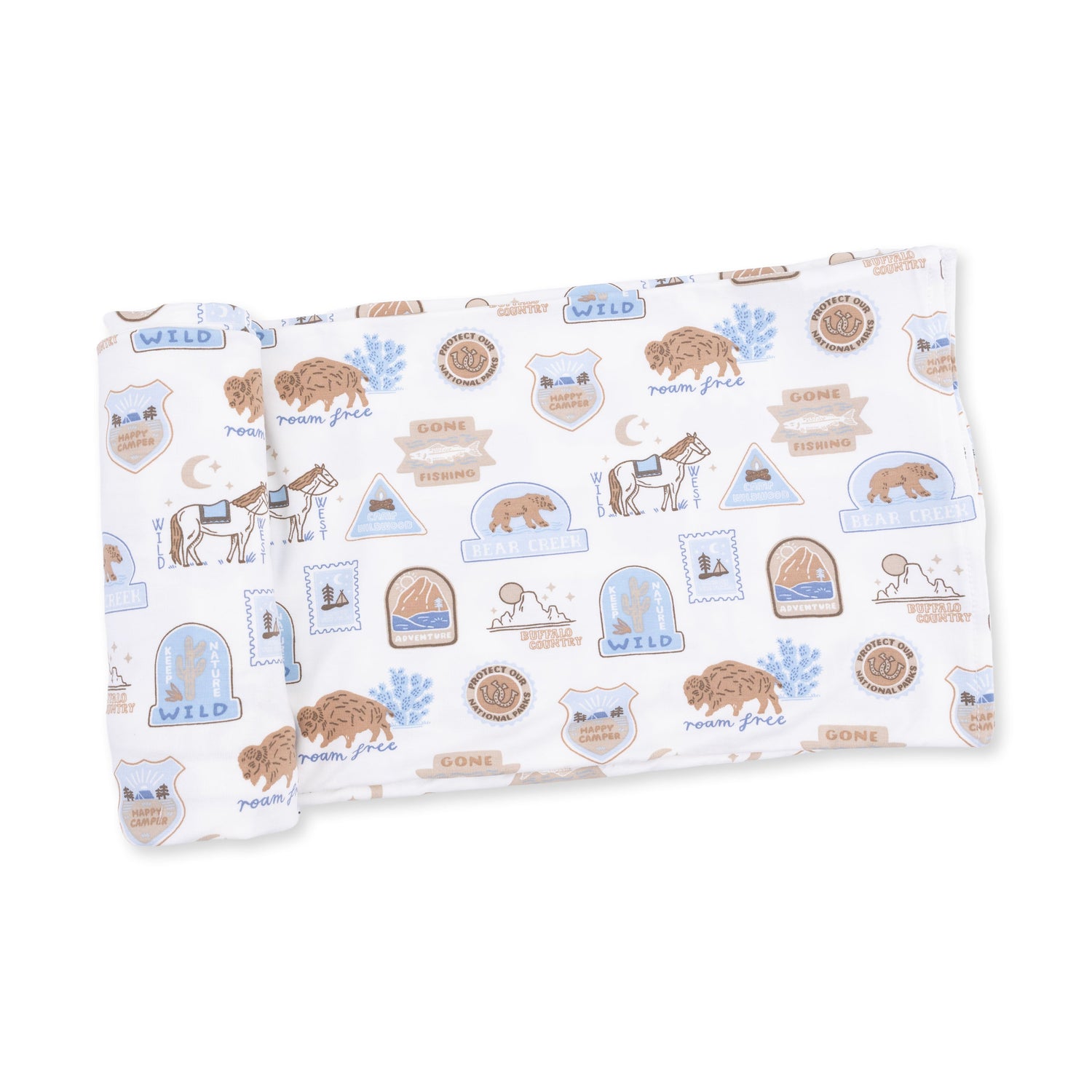 Bamboo viscose swaddle blanket with a National Parks adventure print in outdoor-inspired colors