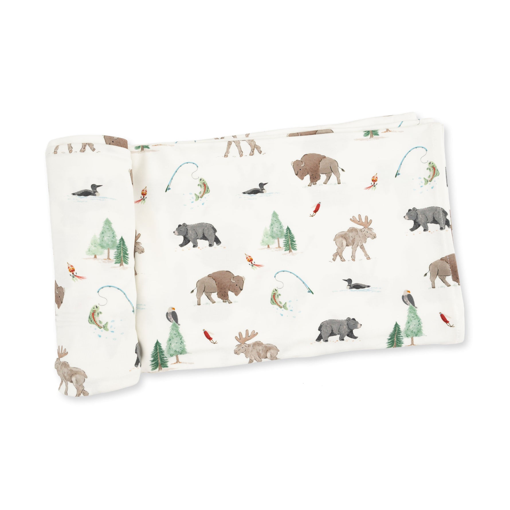 Swaddle blanket printed with northern woodland animals like bears, moose, and deer on a light background