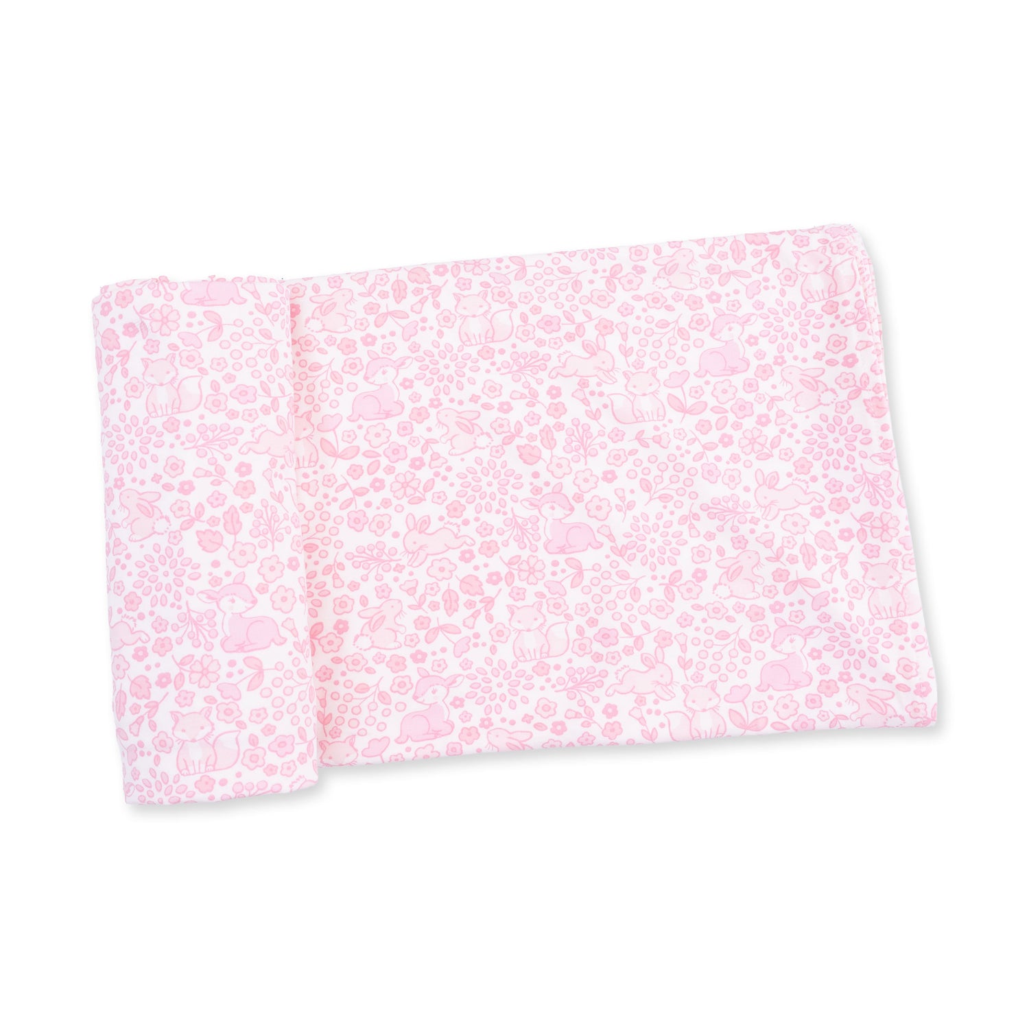 Swaddle blanket with a woodland animal print in soft muted tones, spread out square