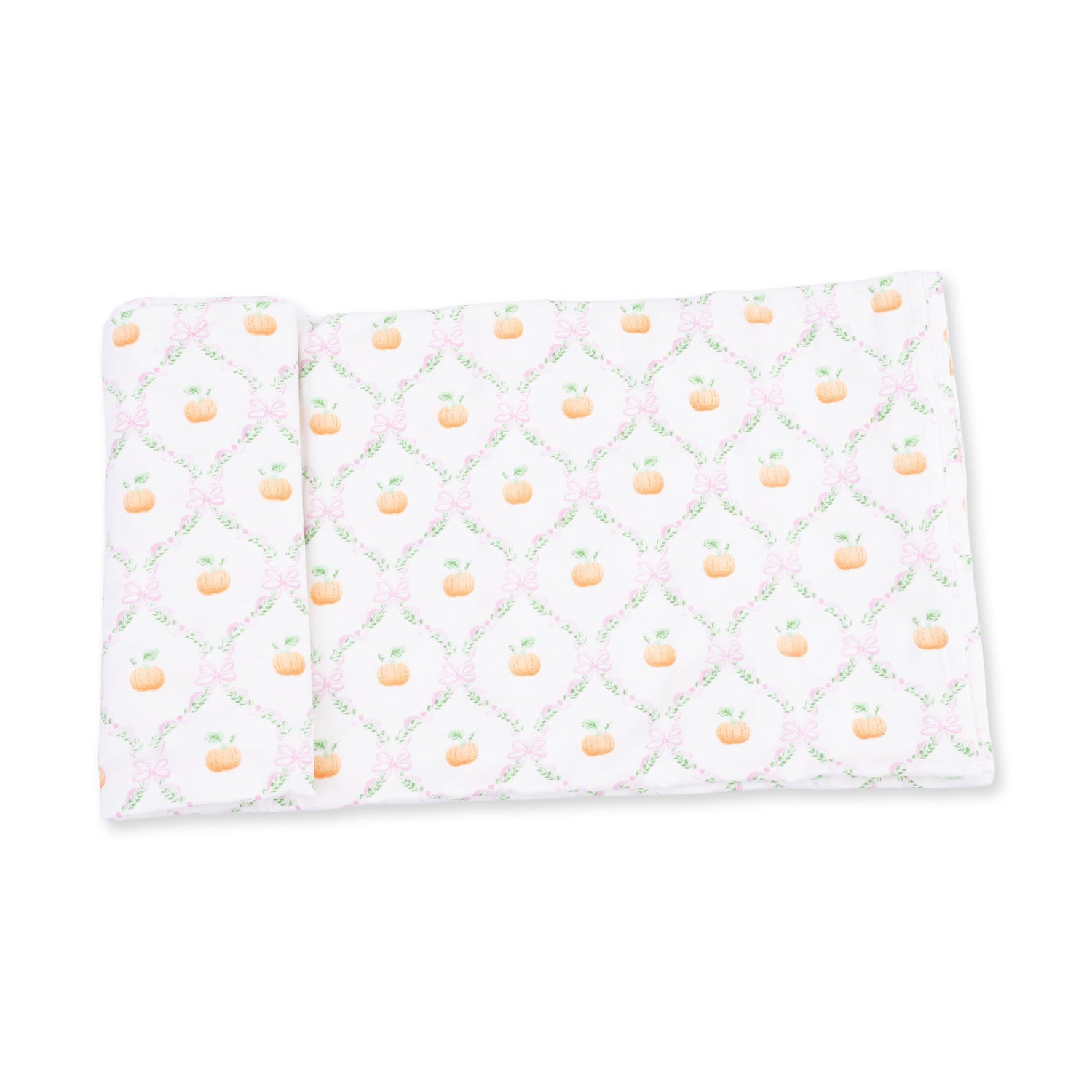 Swaddle blanket in a pumpkin trellis print, spread flat to show the repeating pumpkin and vine pattern