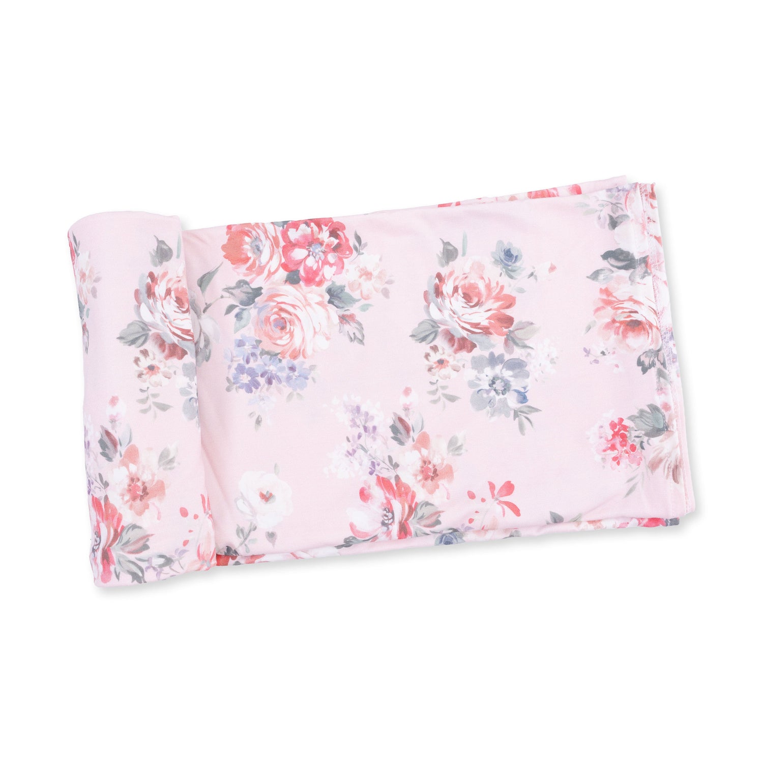 Bamboo viscose swaddle blanket with a painterly rose bouquet print in soft pink tones