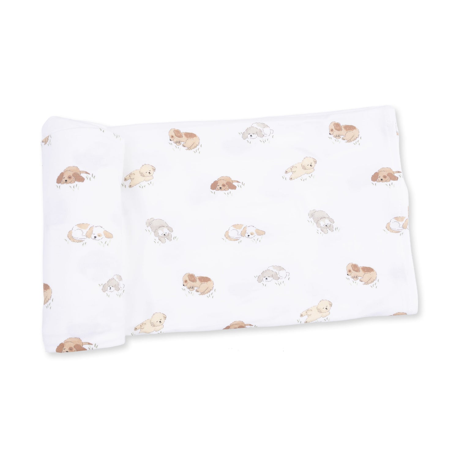 Bamboo viscose swaddle blanket in a Puppy Snuggle Club print with playful dogs on a light background.