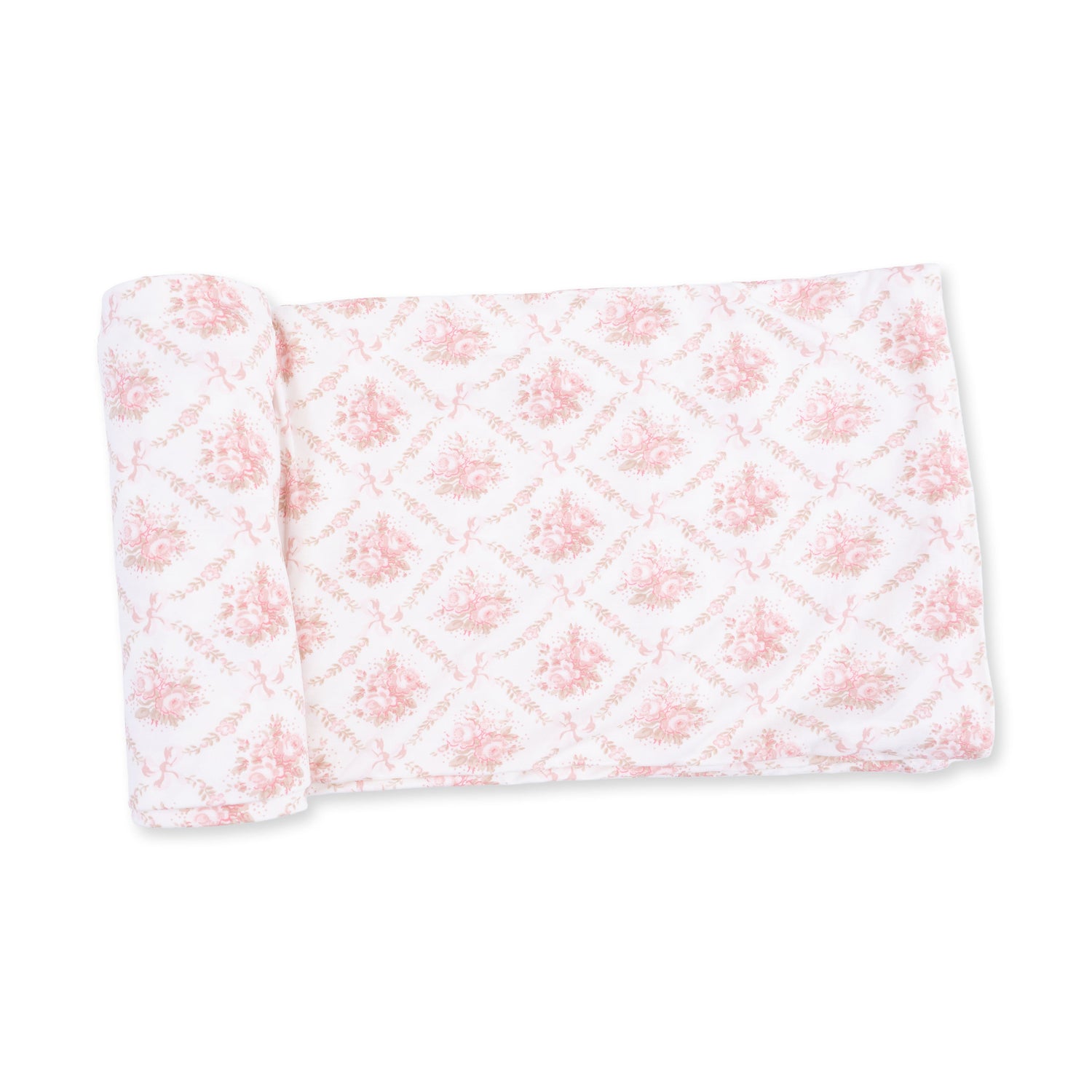 Swaddle blanket in a rose-colored lattice pattern with small bows, laid flat and square.