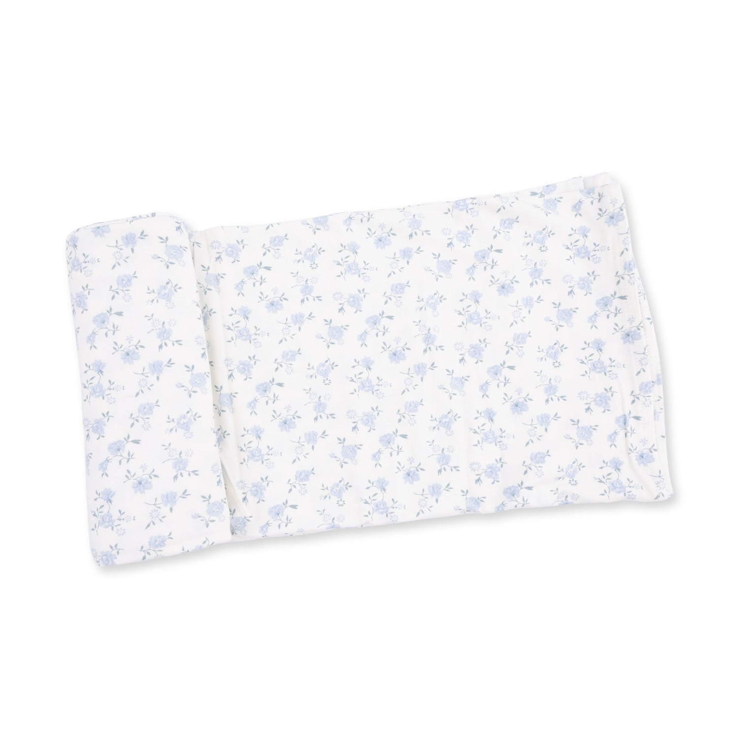 Swaddle blanket in a Rose Briar floral print with roses and greenery on a light background.