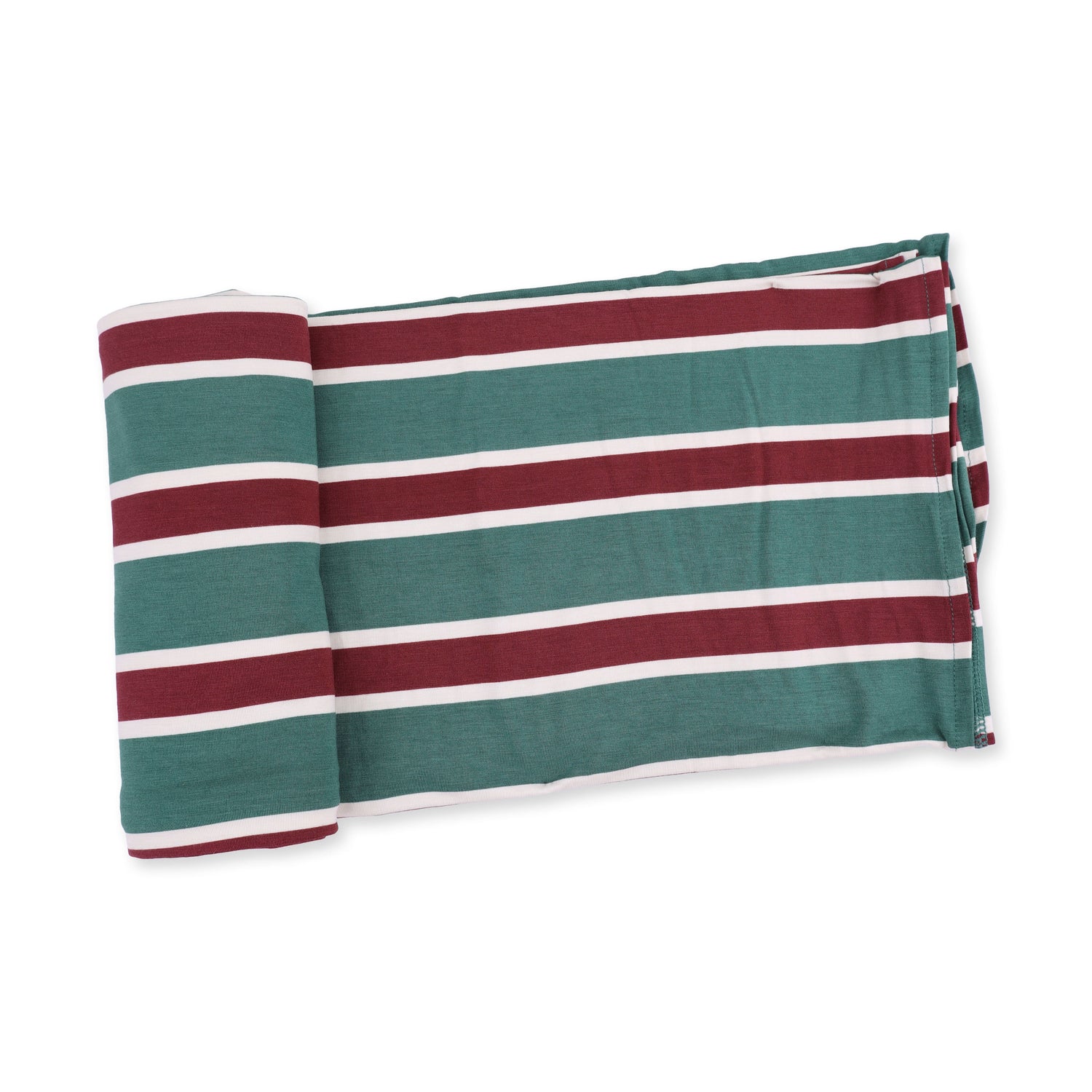 Swaddle blanket with green and white rugby stripe pattern