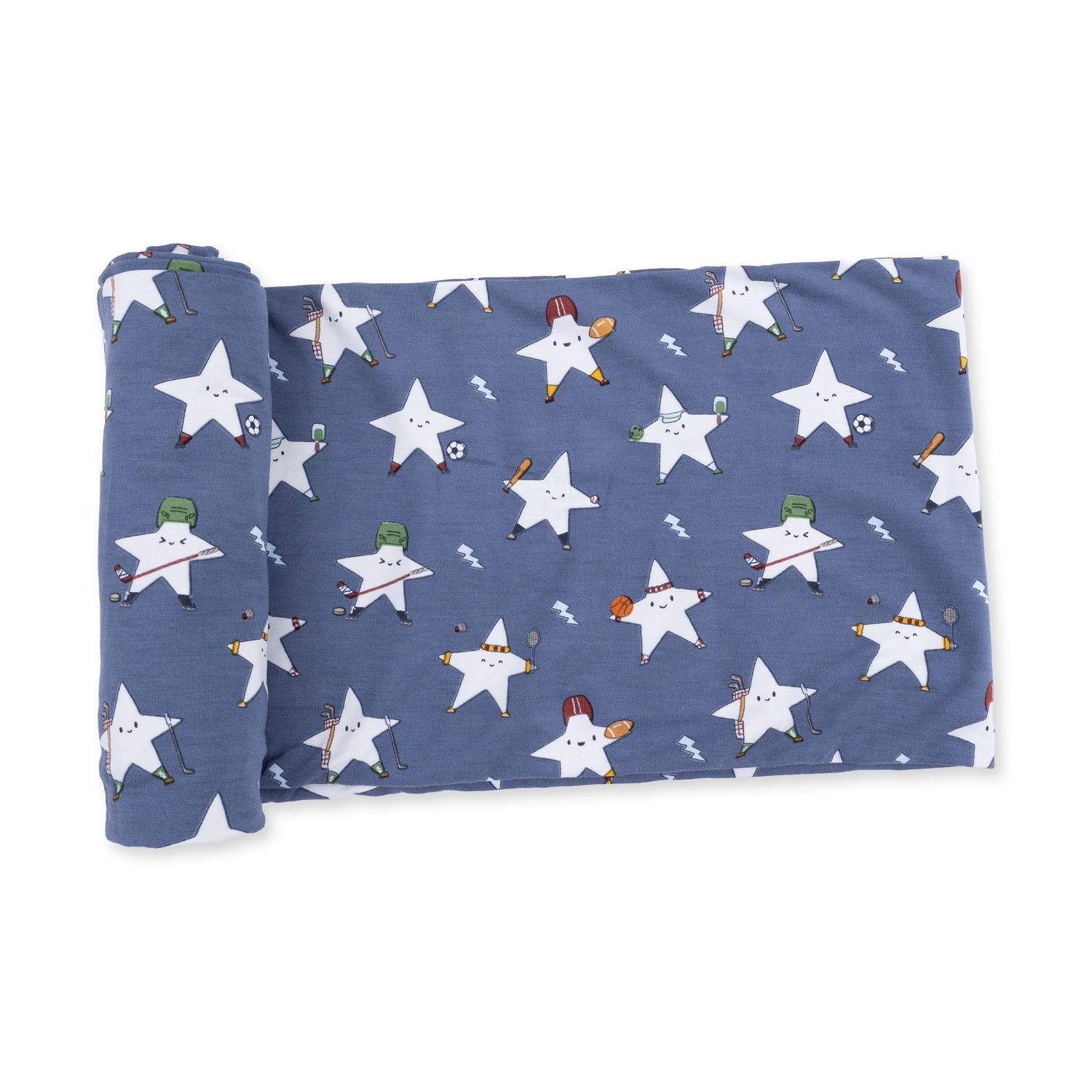 Swaddle blanket with a sports all-stars print featuring glow-in-the-dark icons across the fabric