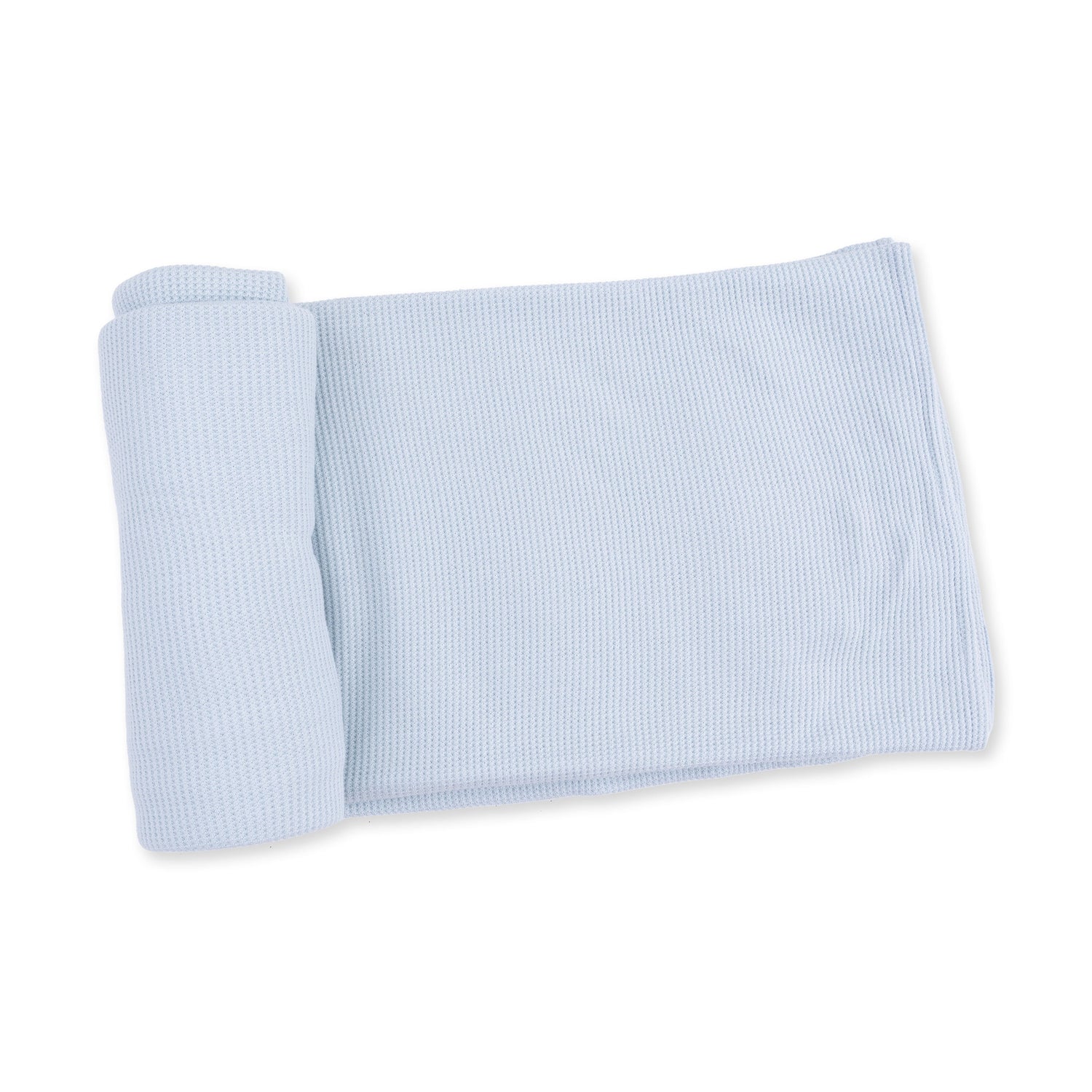 Solid baby blue waffle-weave swaddle blanket laid flat with textured grid pattern.
