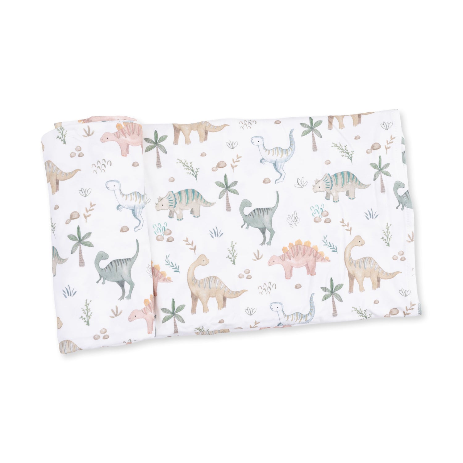 Swaddle blanket with a sweet dinosaur print in soft muted tones, laid flat and square