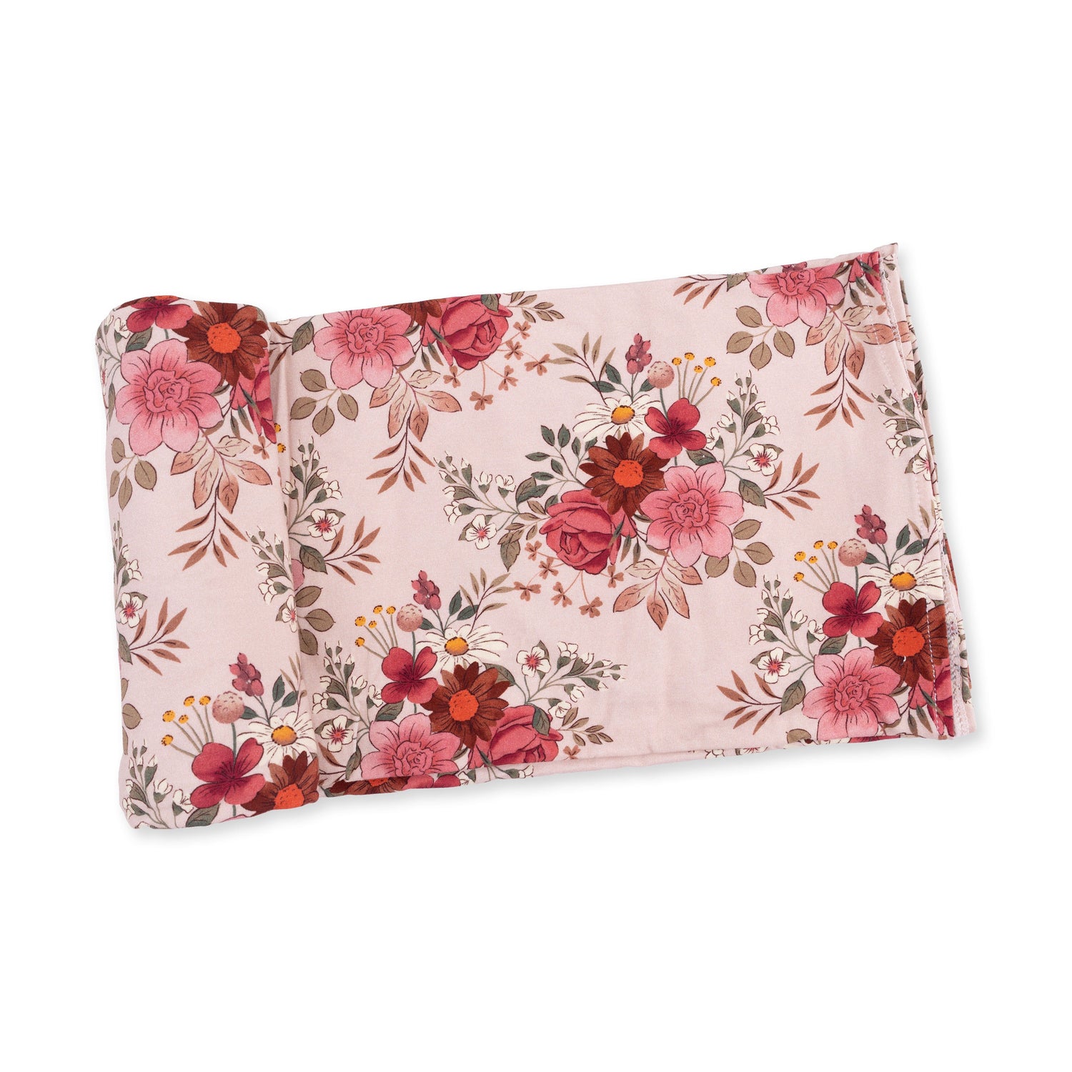 Swaddle blanket in the Sabrina floral print with scattered blooms on a light background