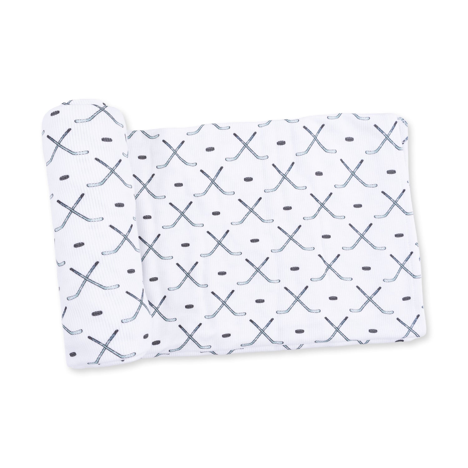 Swaddle blanket in ribbed modal with a simple hockey print in neutral tones.