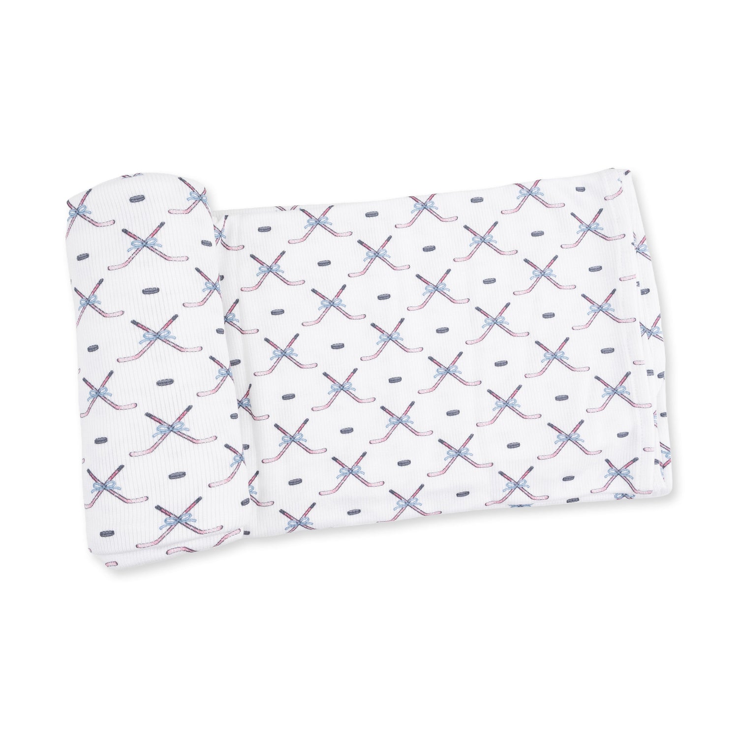 Swaddle blanket in pink with a simple hockey print, shown spread flat