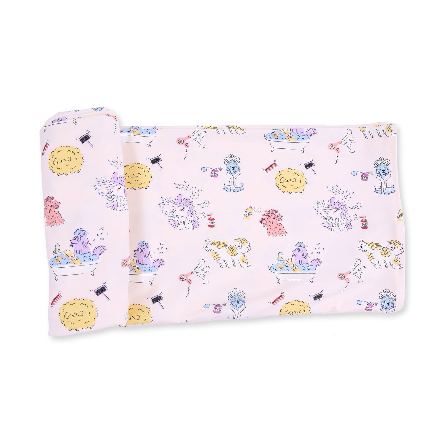 Swaddle blanket with a spa dogs print of pampered pups on a light background
