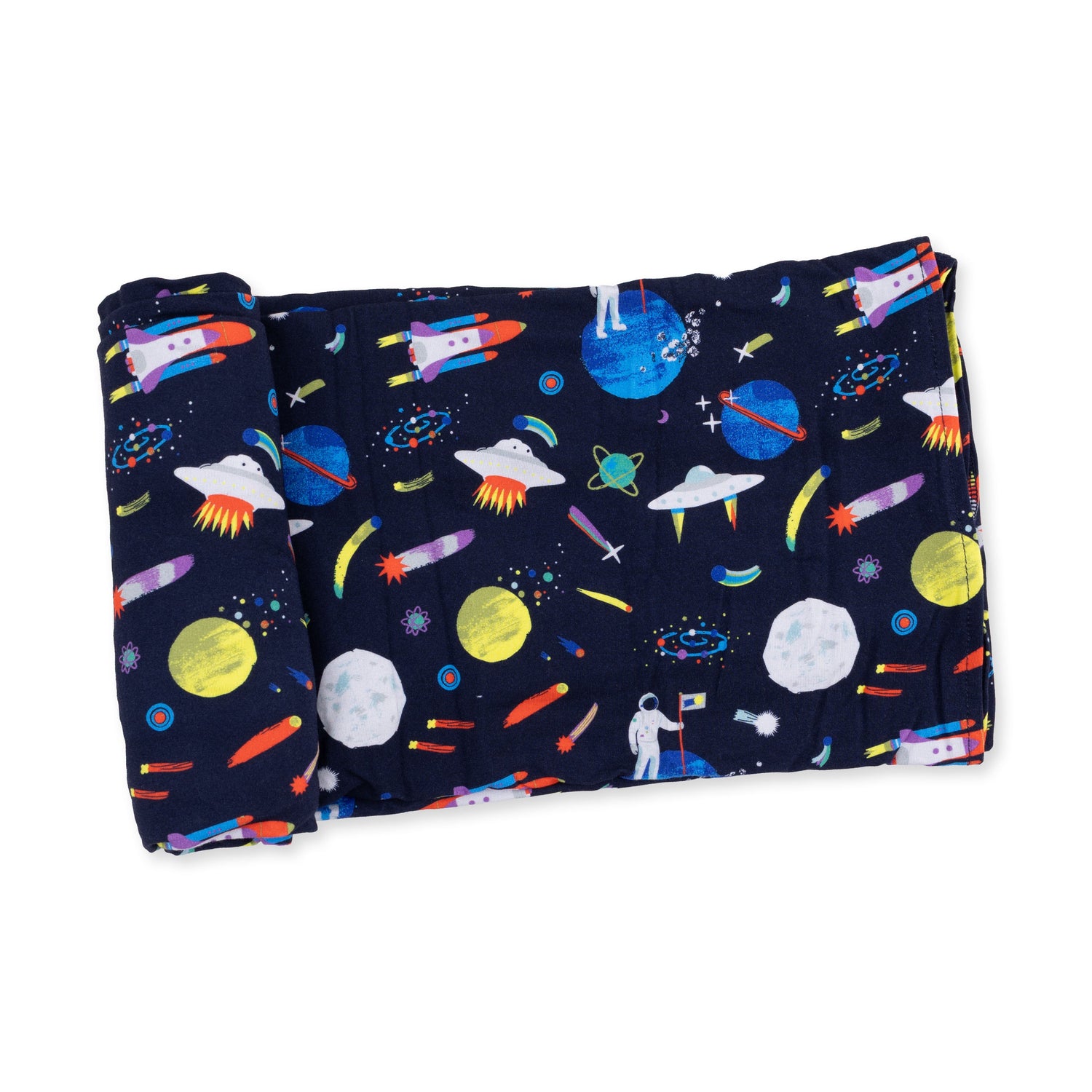 Swaddle blanket with an astronaut and rocket print in a space-themed design