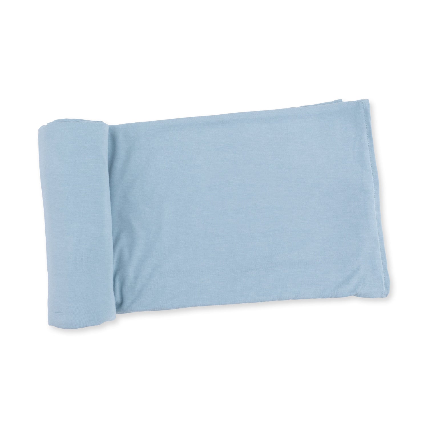 Swaddle blanket in solid stone blue, unfolded to show its square shape and smooth fabric.