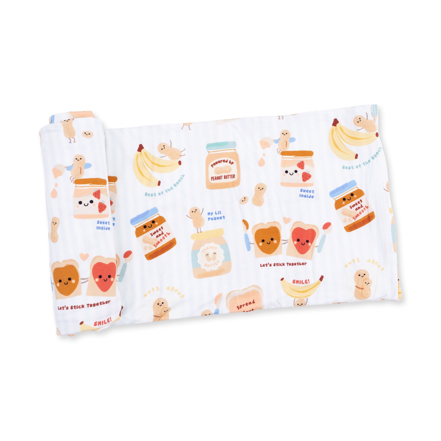 Swaddle blanket in a Spread the Love print with hearts, spread flat to show the square shape.