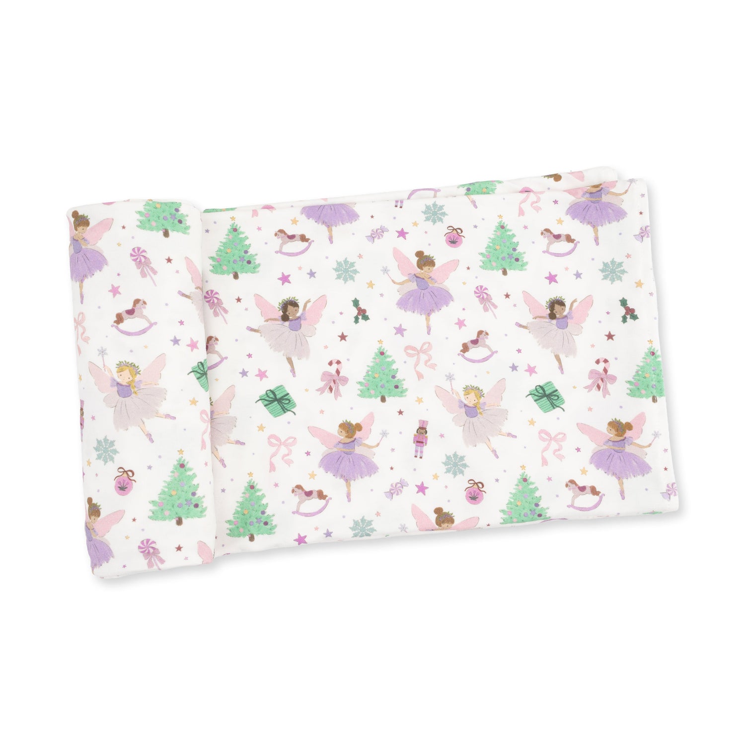 Sugar Plum Fairies print baby swaddle blanket in viscose from bamboo, spread flat to show the fairy design