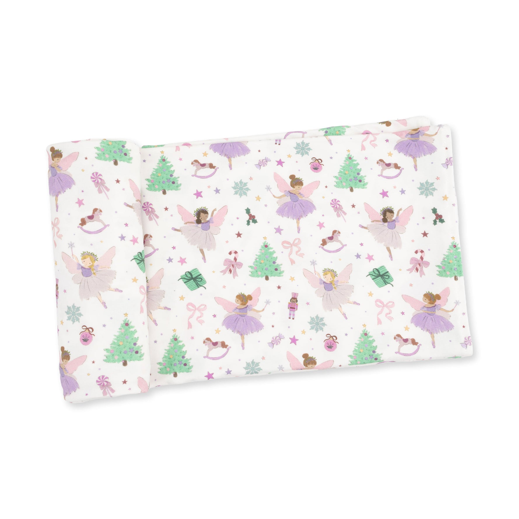 Sugar Plum Fairies print baby swaddle blanket in viscose from bamboo, spread flat to show the fairy design