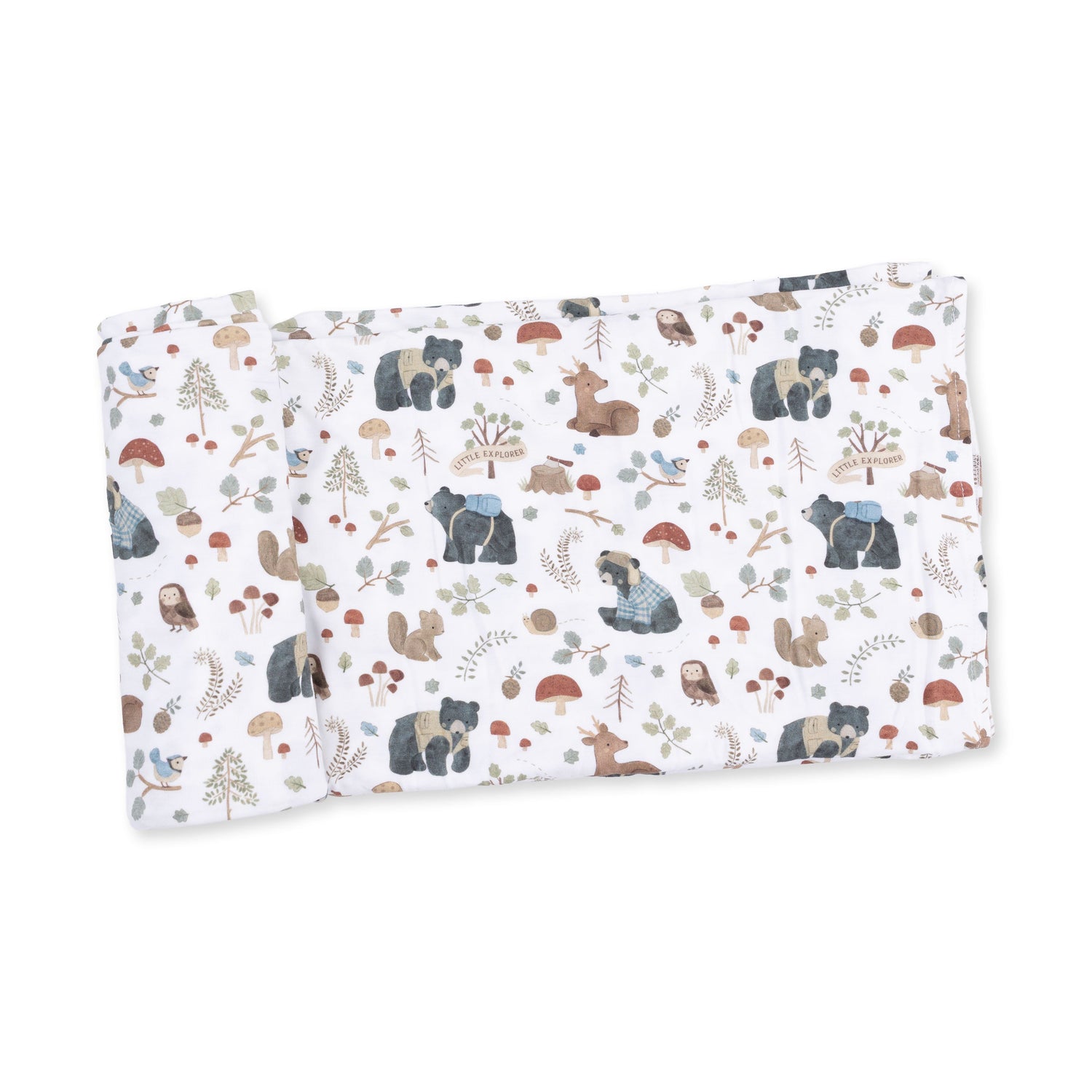 Swaddle blanket in green with a woodland animals print, spread flat to show the pattern.