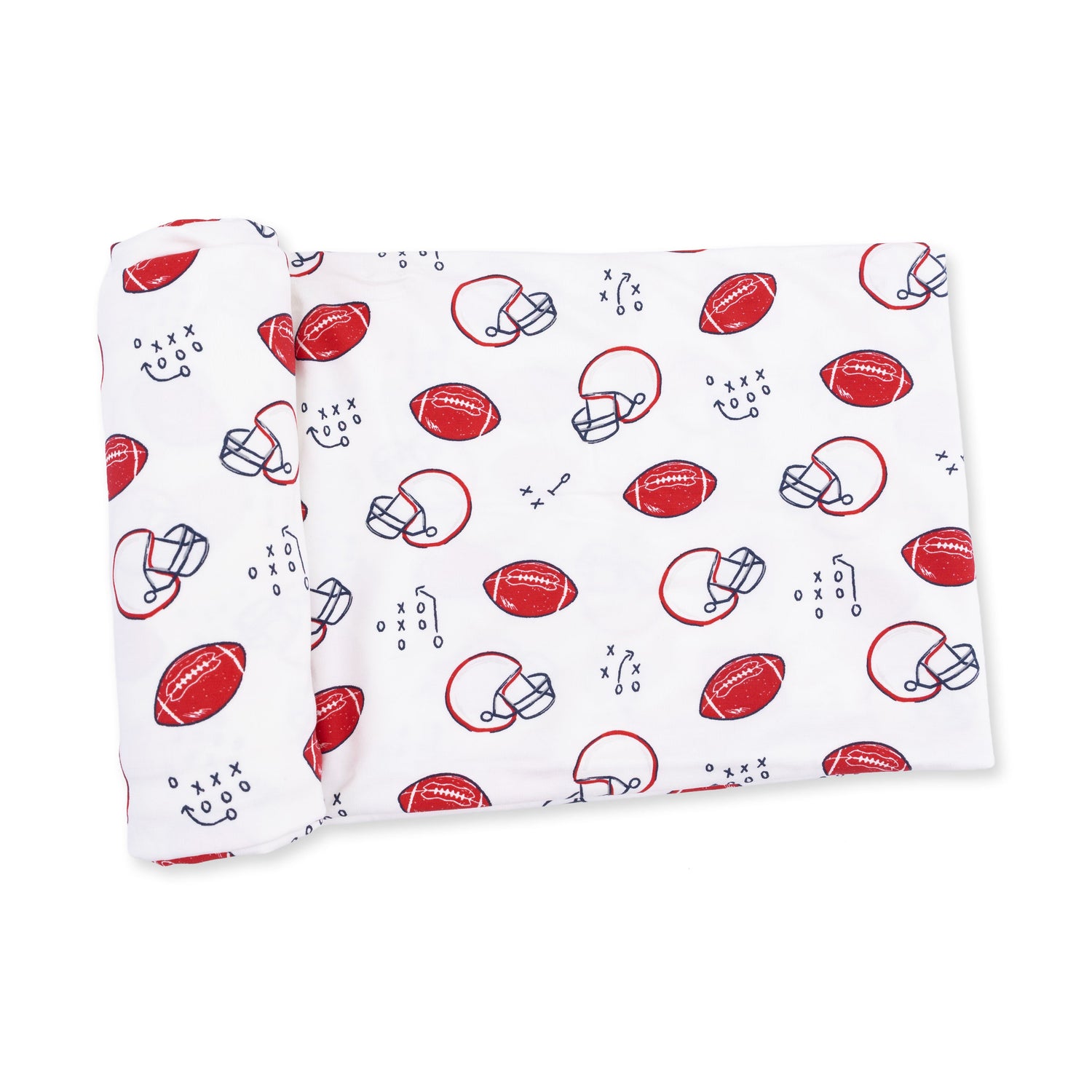 Swaddle blanket in Touchdown Time football print, spread flat to show the pattern.