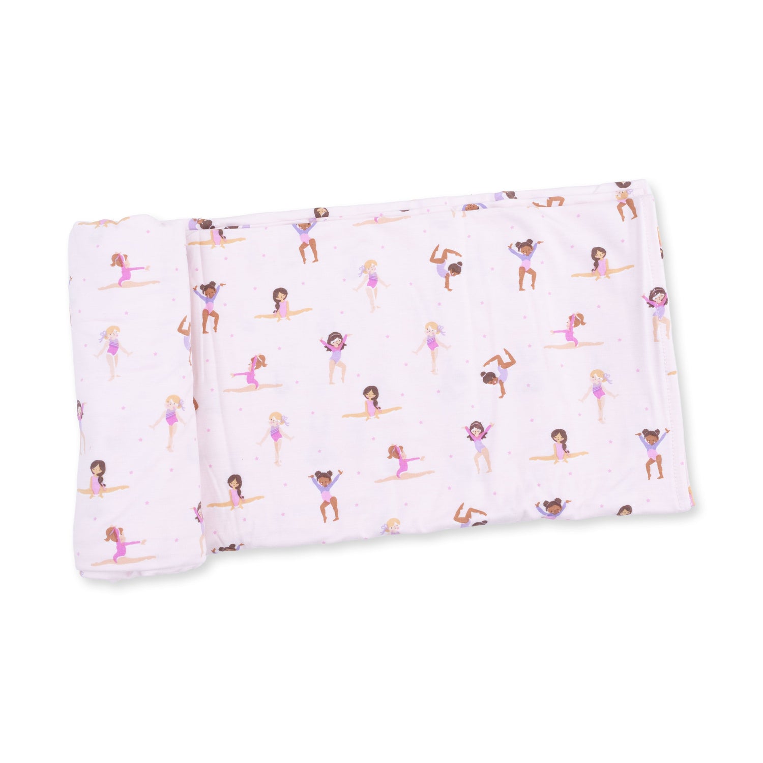 Swaddle blanket with a Tiny Tumblers gymnast print, spread out square