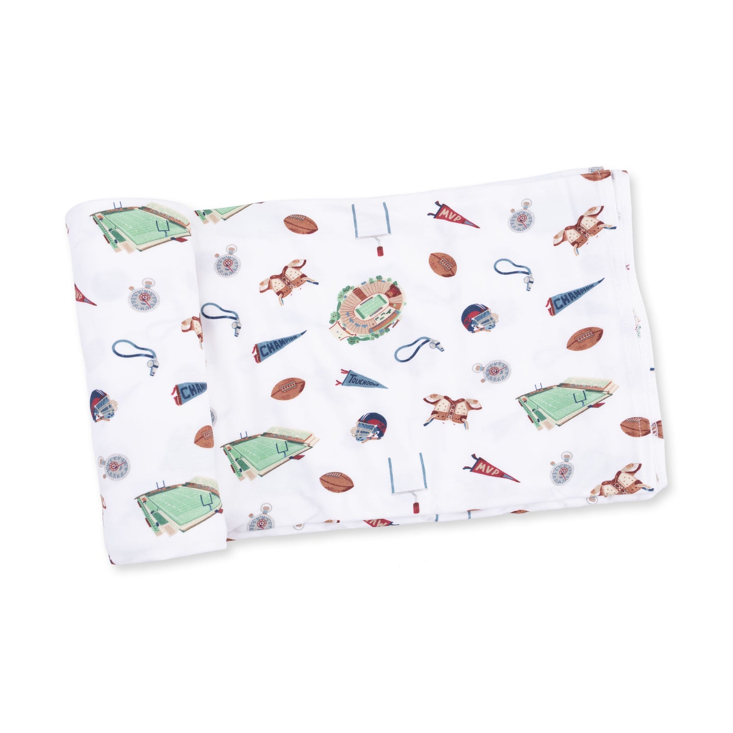 Swaddle blanket with a vintage football print, spread flat to show the square shape and pattern