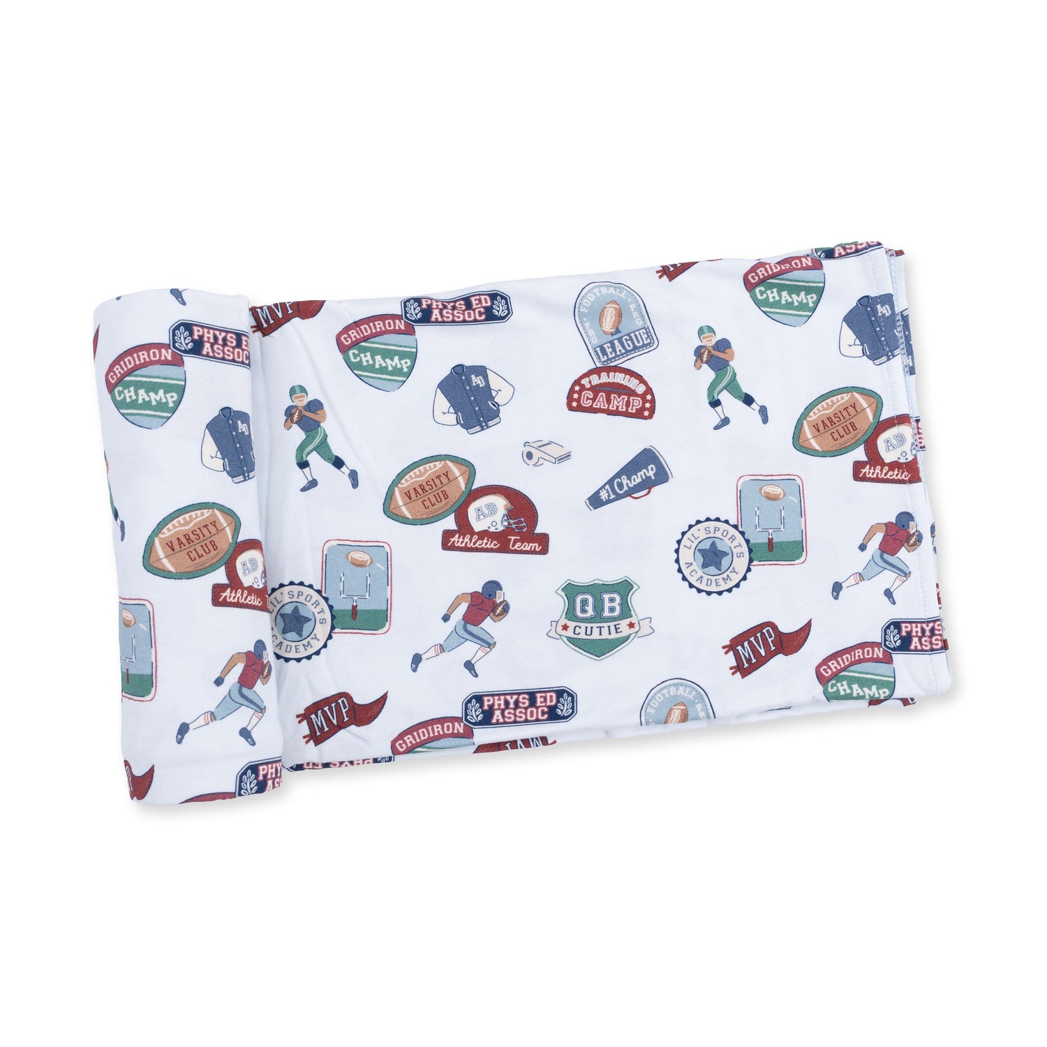 Swaddle blanket printed with football patches in a repeating pattern, spread out flat