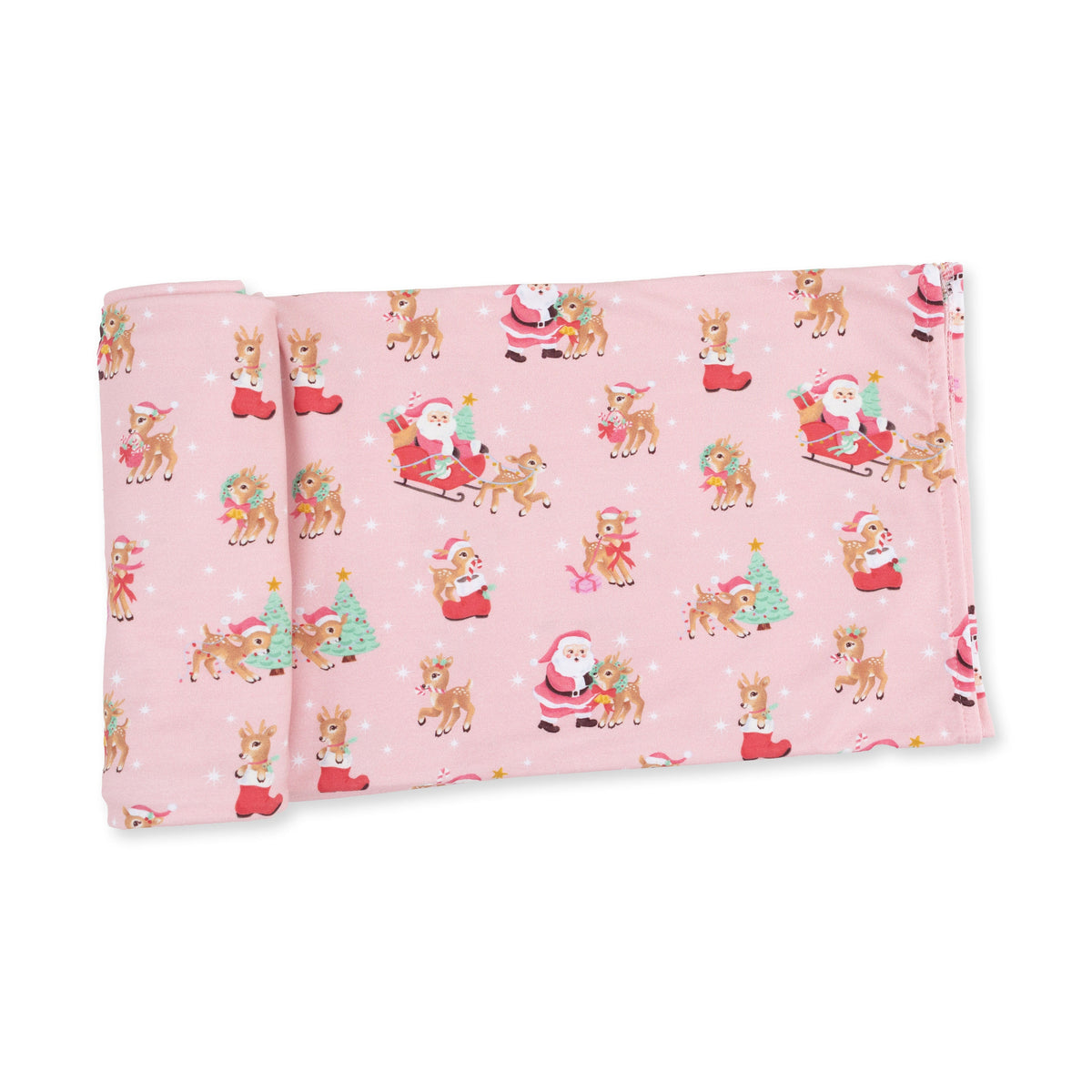 Swaddle blanket in pink with a vintage reindeer and Santa print