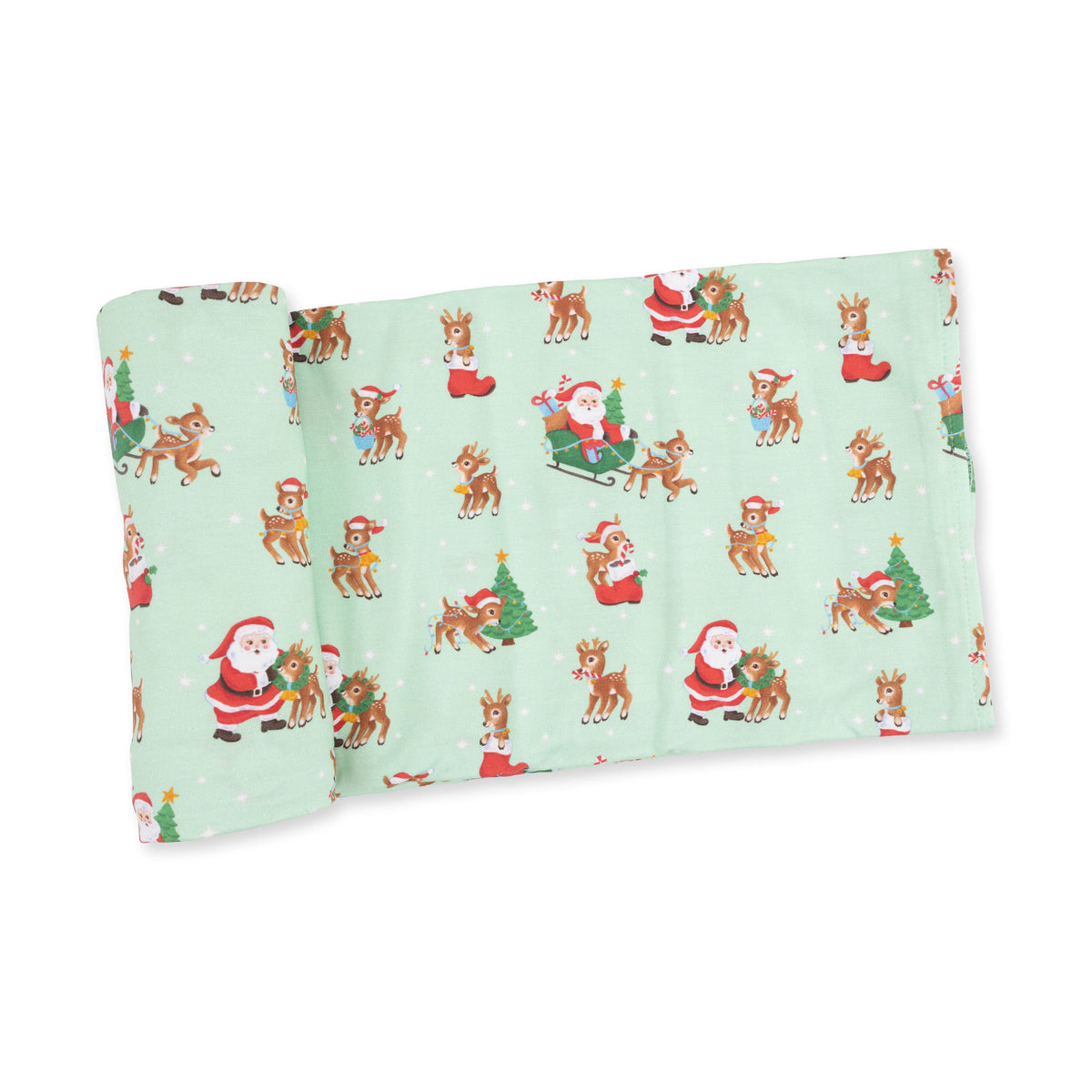 Swaddle blanket with a vintage reindeer and Santa print in soft holiday colors