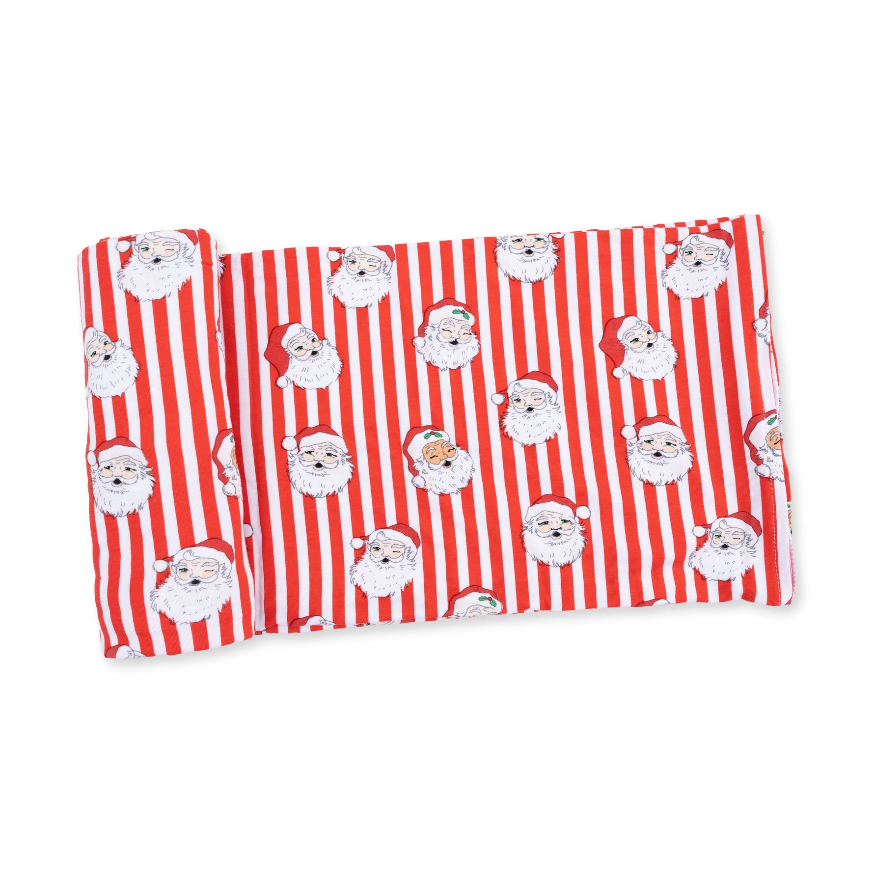 Swaddle blanket in a vintage Santa stripe print, spread out to show the 45x45 inch square shape