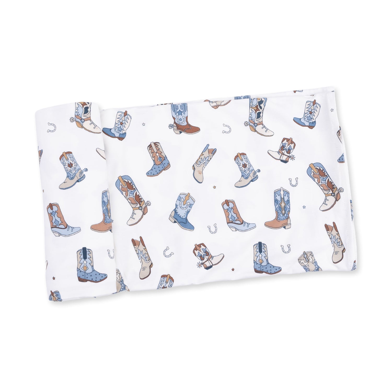 Swaddle blanket printed with a cowboy boot pattern, folded to show the square shape and print detail.