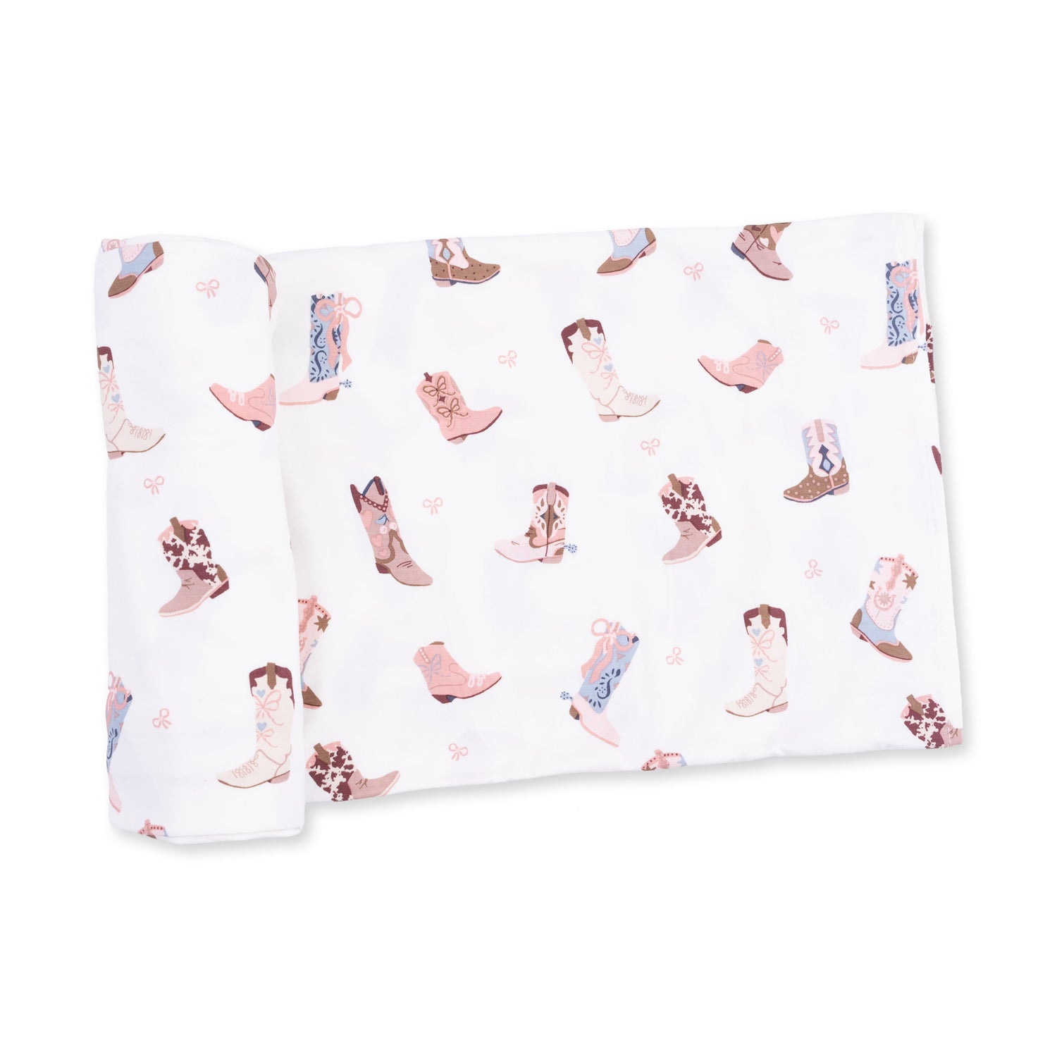 Swaddle blanket with a Buckarette Boots cowboy boot print, spread flat