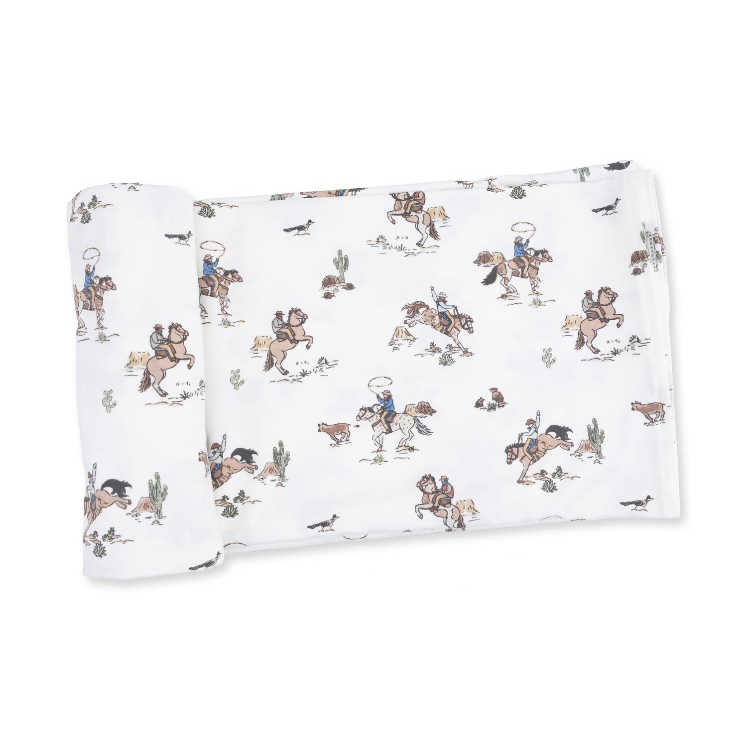 Swaddle blanket in a horse print with horses scattered across a soft background