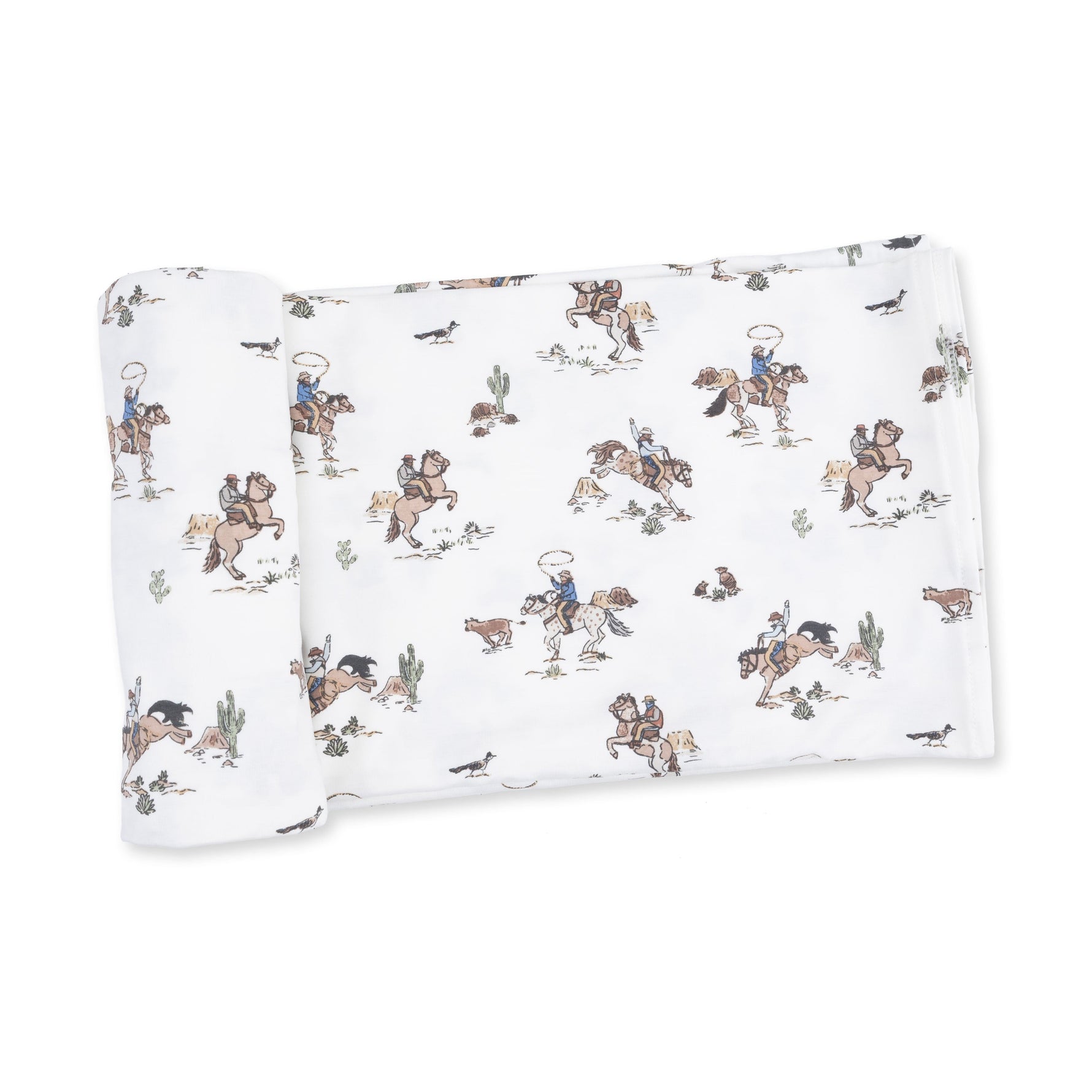 Swaddle blanket in a horse print with horses scattered across a soft background