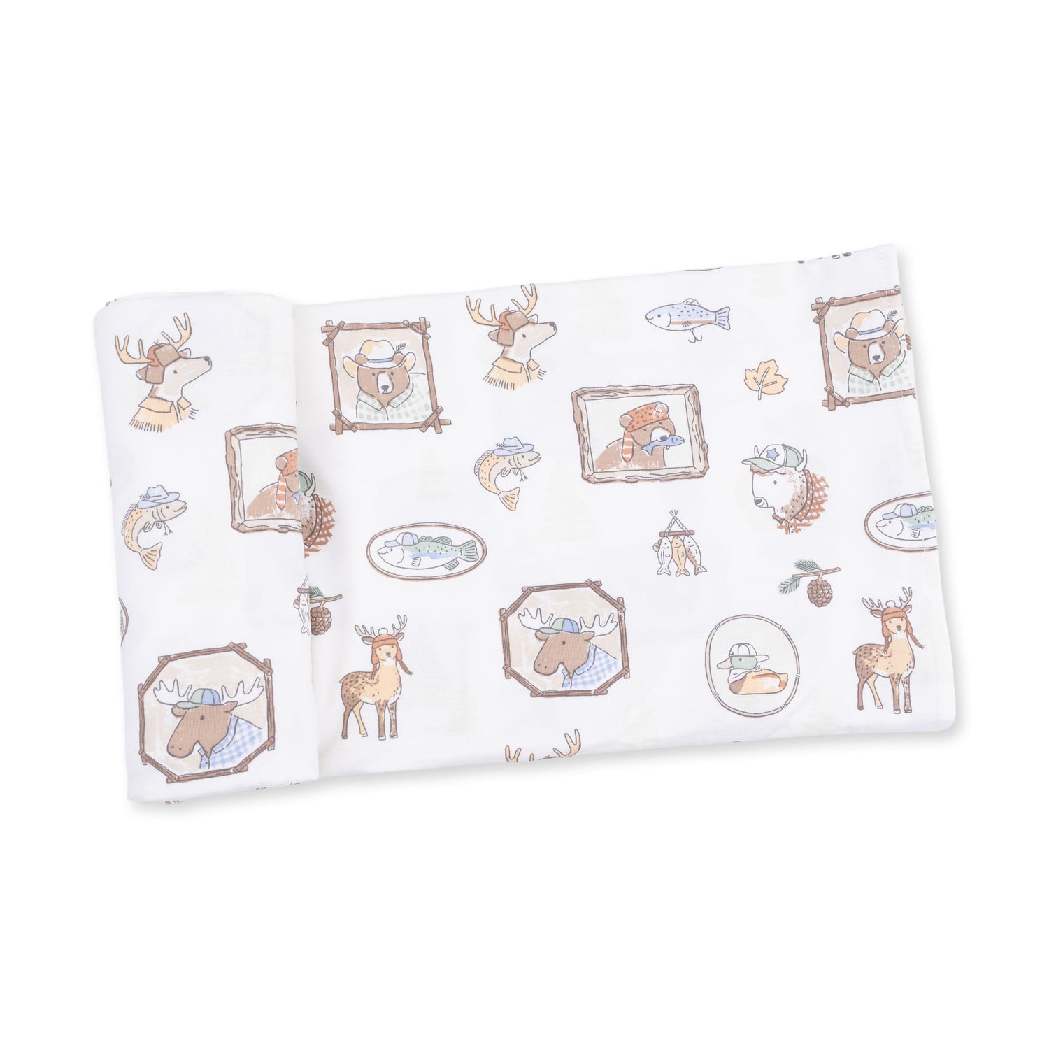 Bamboo swaddle blanket in Woodson's Family Cabin print showing cabins and trees, spread out flat