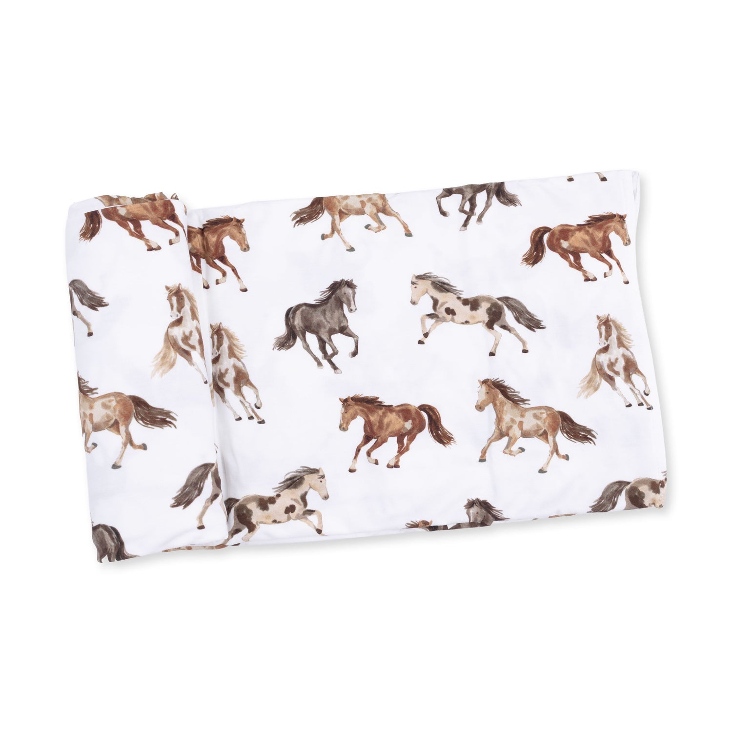 Swaddle blanket with a wild horses print, spread flat to show the full 45 by 45 inch square.