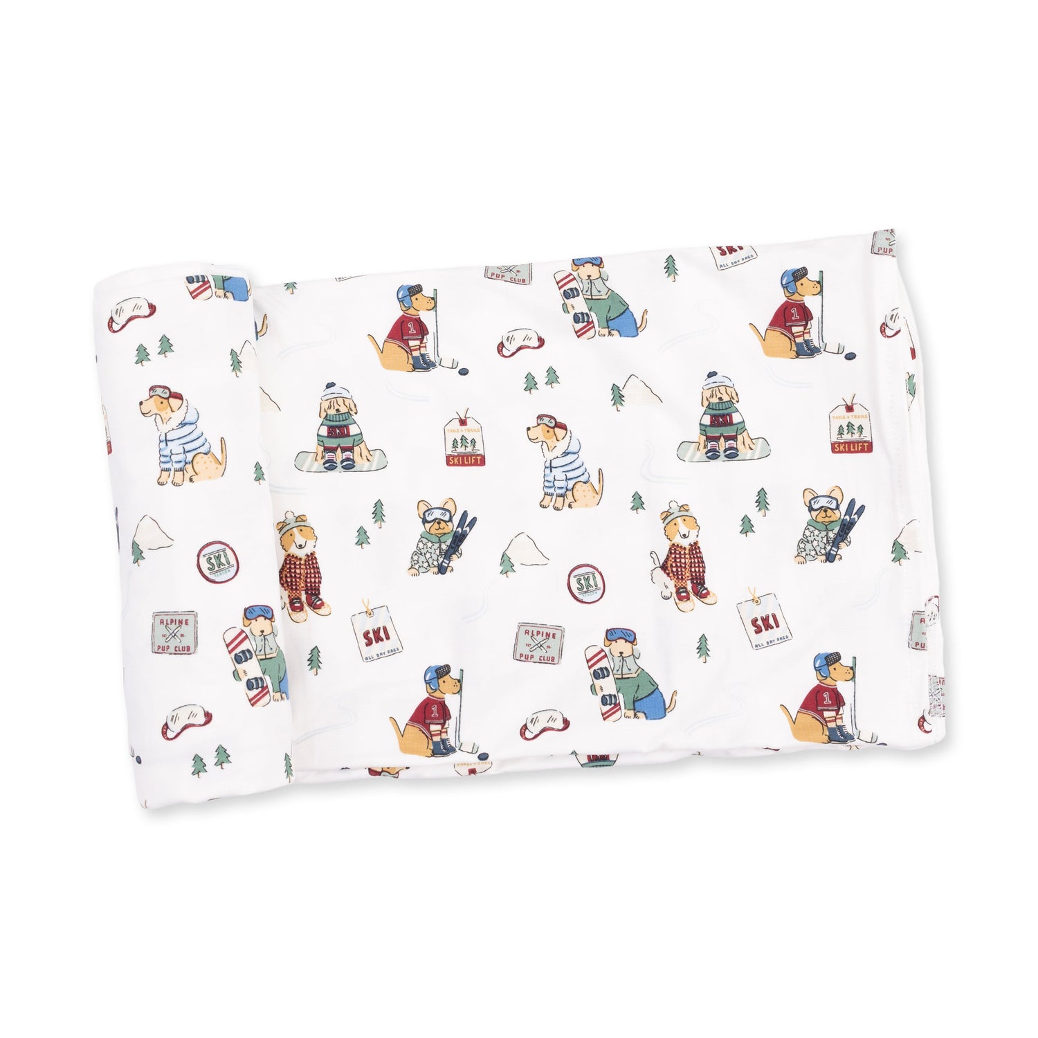 Green baby swaddle blanket with a print of dogs playing winter sports