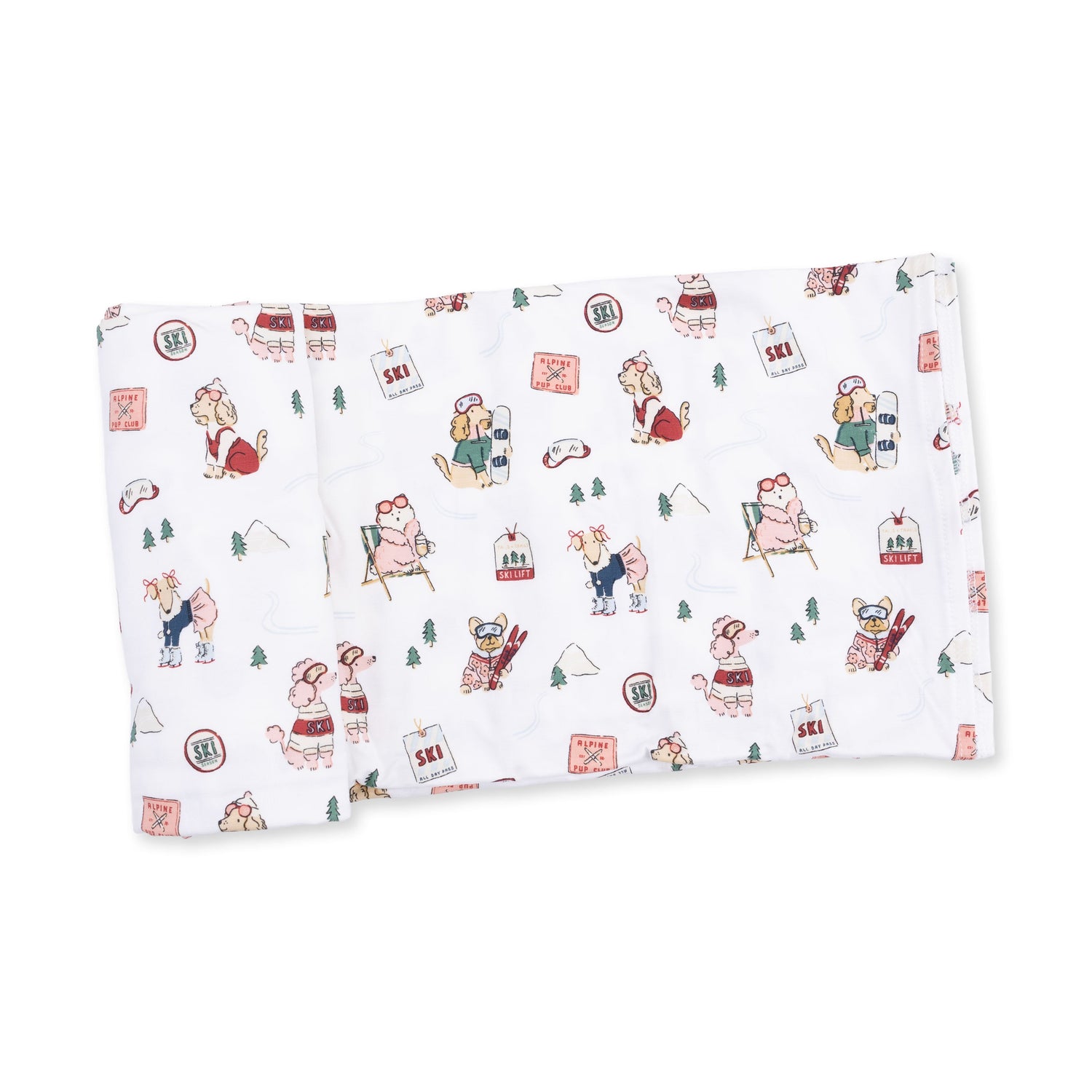 Pink swaddle blanket printed with cartoon dogs enjoying winter sports like skiing and skating