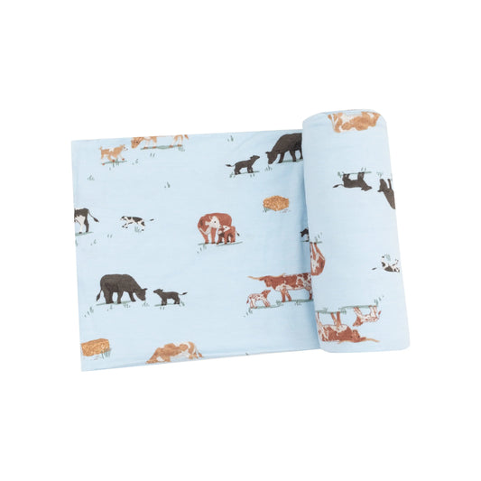 Cow Families Blue Viscose Bamboo Swaddle Blanket 45x45 Inches.