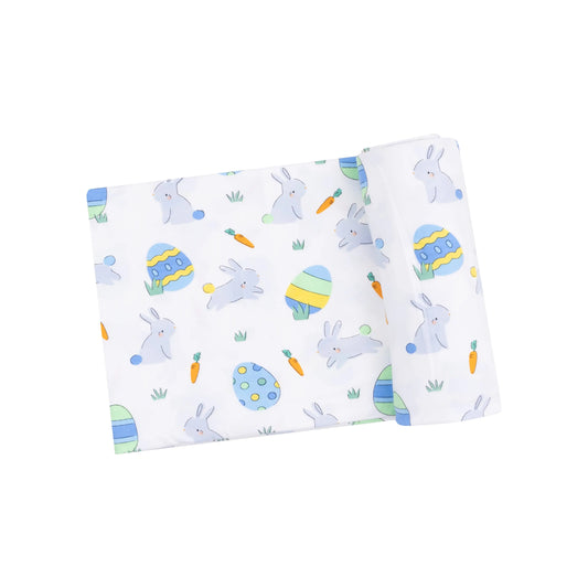 Swaddle Blanket Easter Bunnies Blue Viscose Bamboo 45x45 Inches.