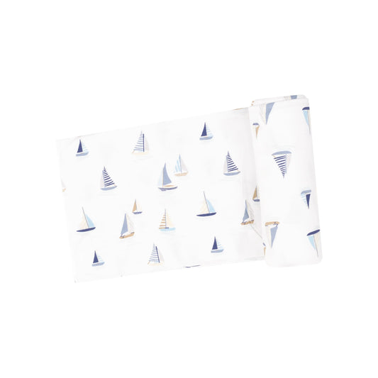 Swaddle Blanket Sailboats Blue Viscose Bamboo 45x45 Inches.