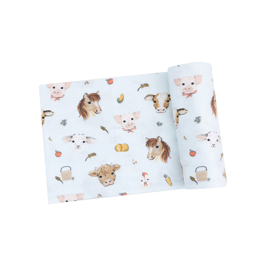 Vintage Animal Faces Blue Viscose Bamboo Swaddle Blanket 45x45 Inches.