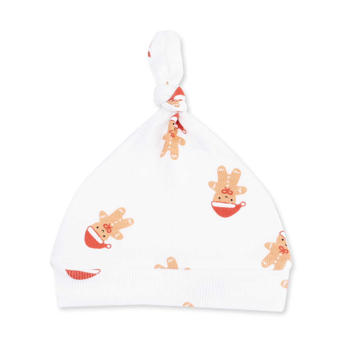 Knotted baby hat in ribbed modal with a gingerbread man print and top knot detail