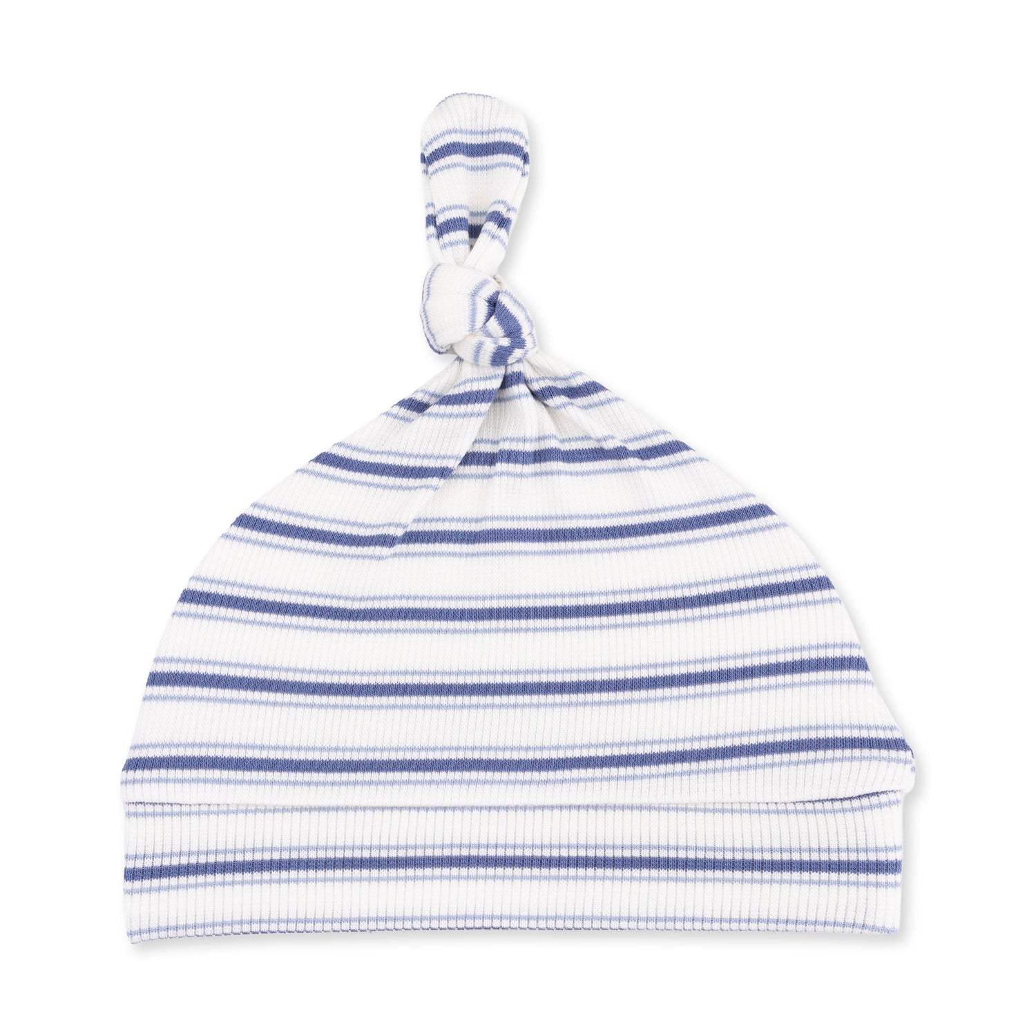 Knotted baby hat in vintage blue and white stripes with a knotted top