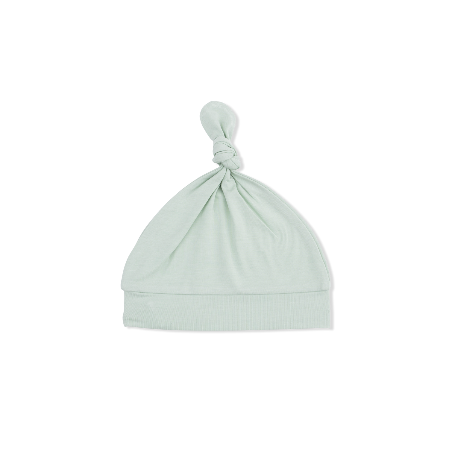 Knotted baby hat in solid milky green with a top-knot detail