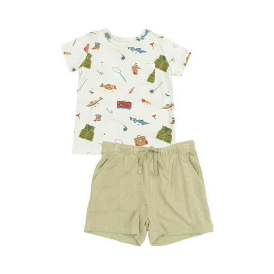 Crew Neck Tee and Short Set Fishing Things Green.